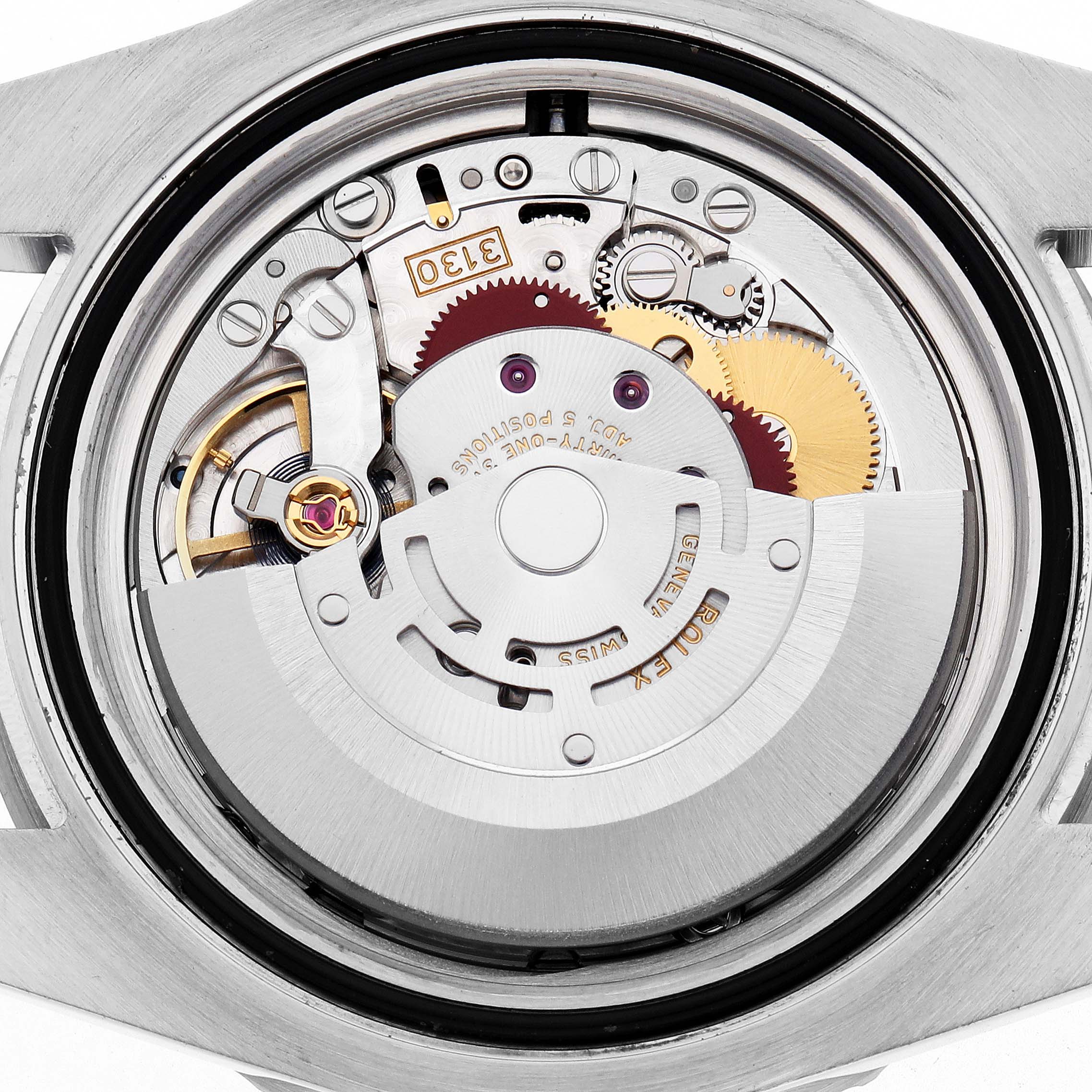 The image shows the movement of a Rolex Submariner 114060 Men's Stainless Steel Black Dial watch from a rear angle, highlighting gears and the rotor.