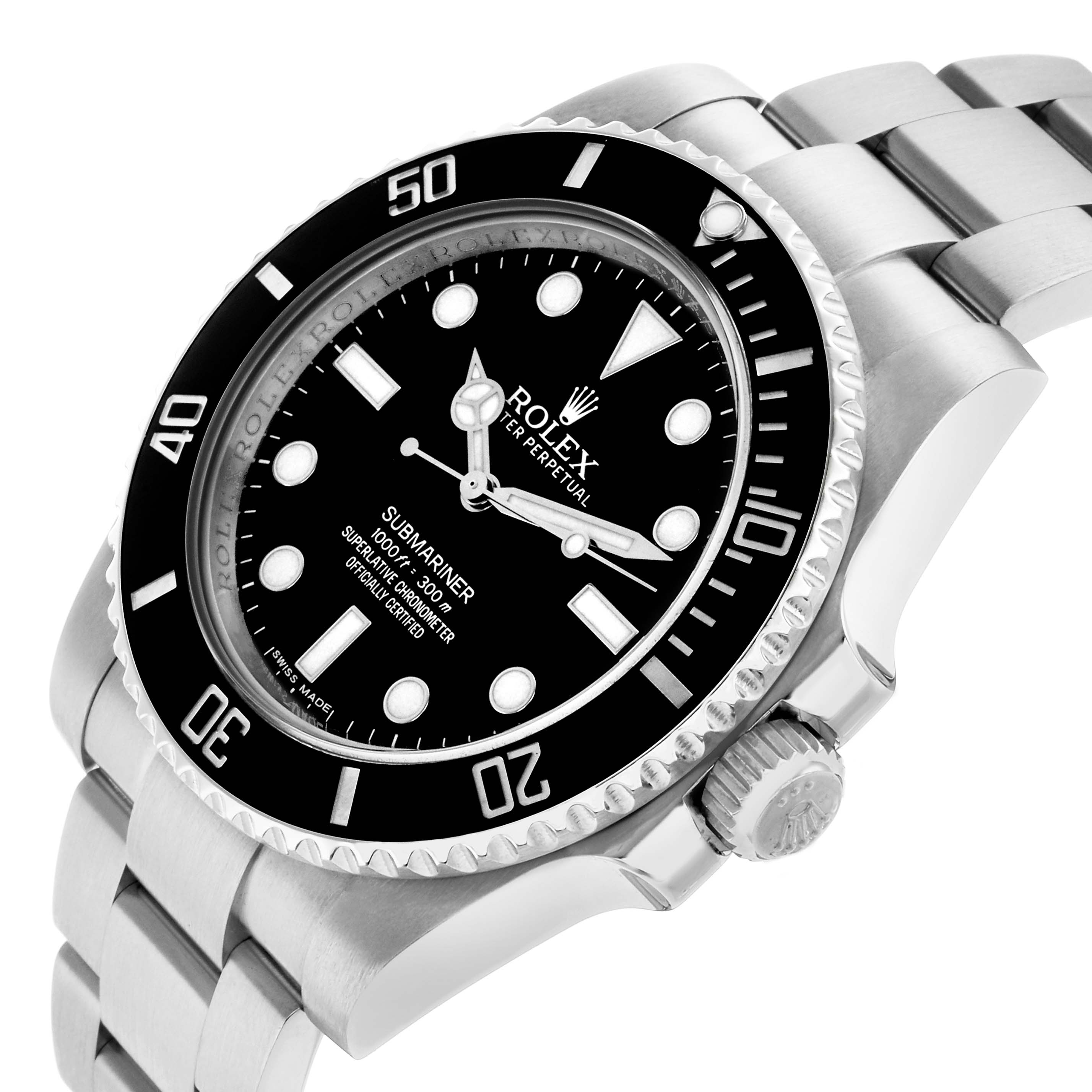 The Rolex Submariner 114060 Men's Stainless Steel Black Dial watch is shown at a tilted angle displaying the face, bezel, crown, and part of the bracelet.