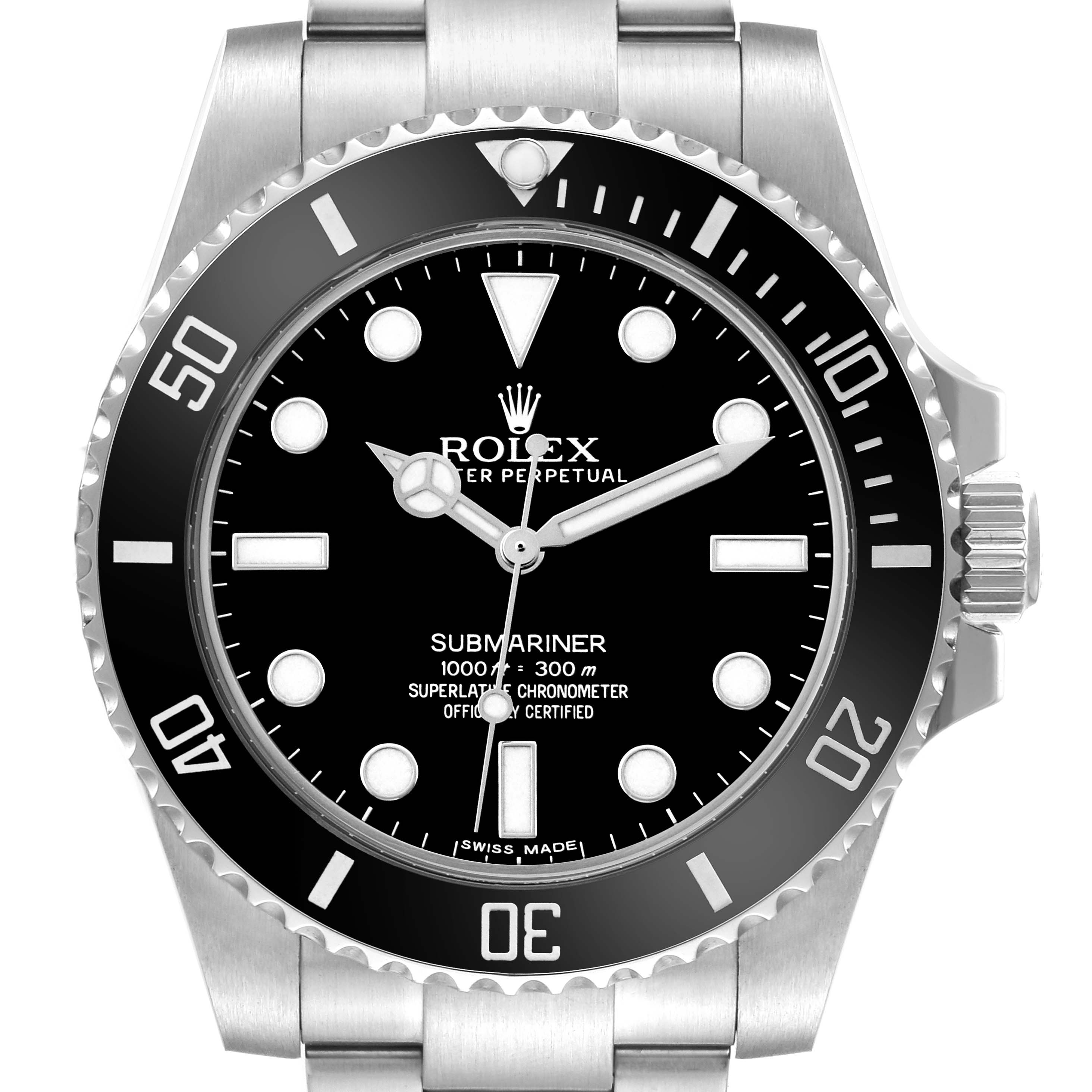 The Rolex Submariner 114060 Men's Stainless Steel Black Dial watch is shown from a front angle, displaying the dial, bezel, and part of the bracelet.