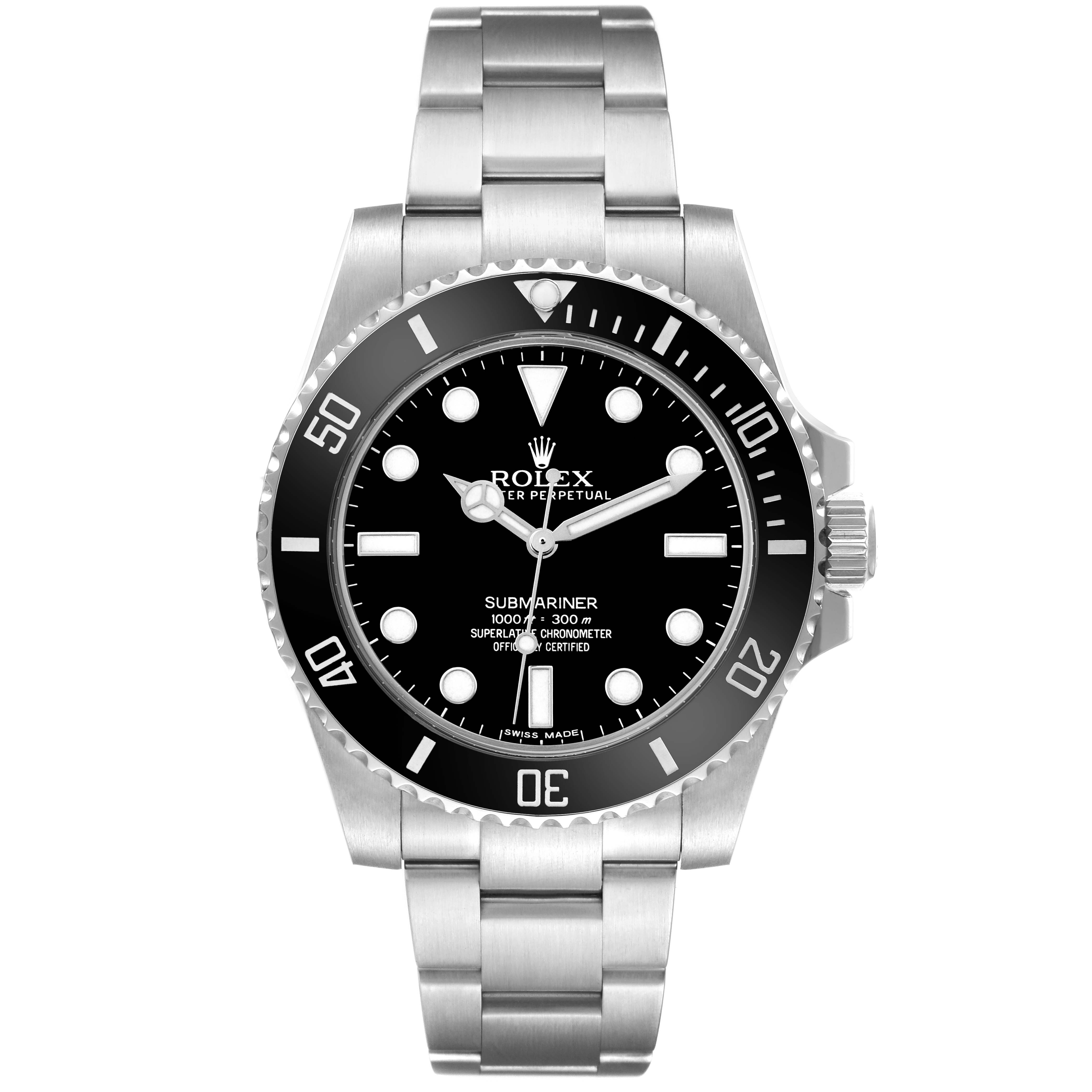 The Rolex Submariner 114060 Men's Stainless Steel Black Dial watch is shown from the front, displaying its dial, bezel, and bracelet clearly.