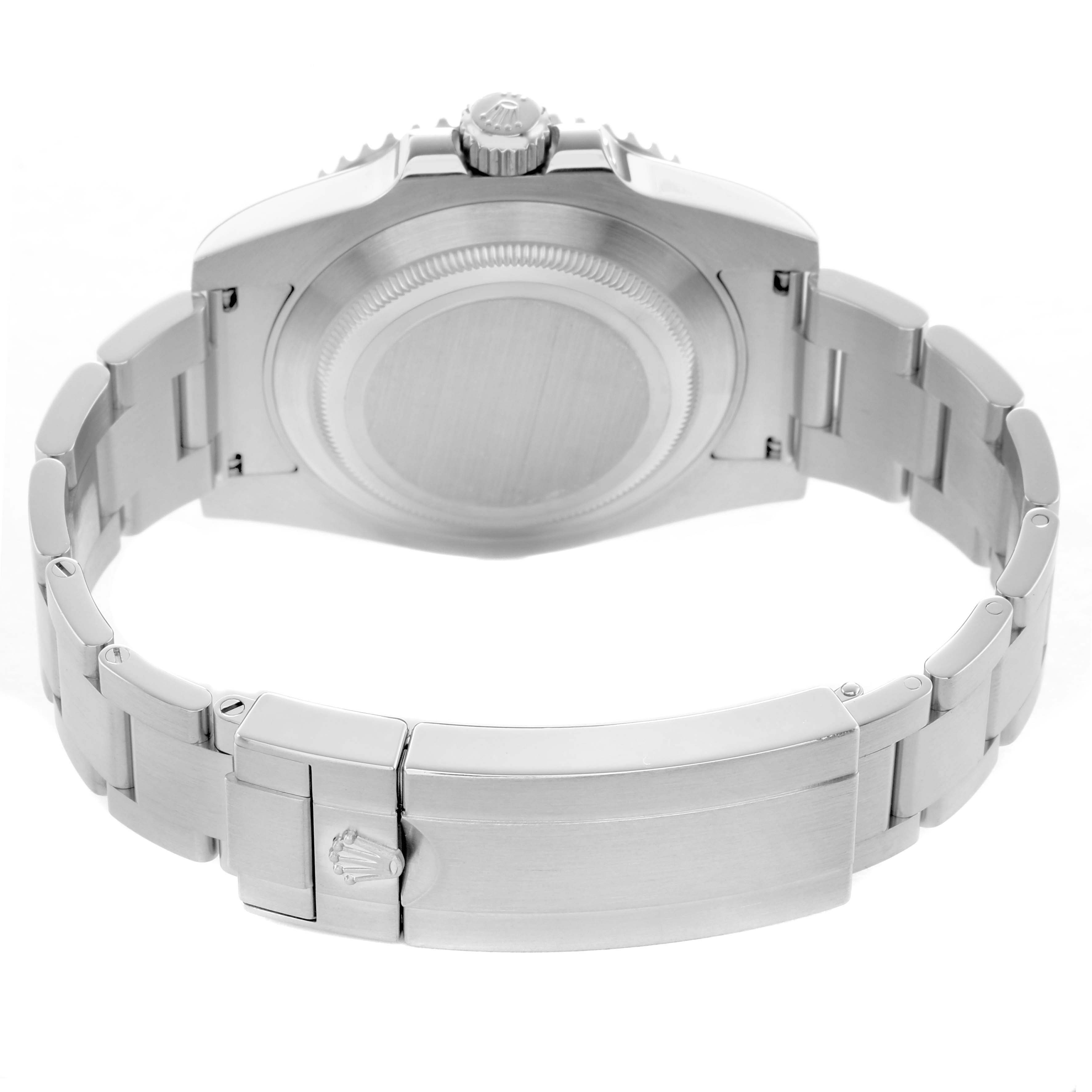 The Rolex Submariner 114060 Men's Stainless Steel Black Dial watch is shown from the back, highlighting the case back, bracelet, and clasp.