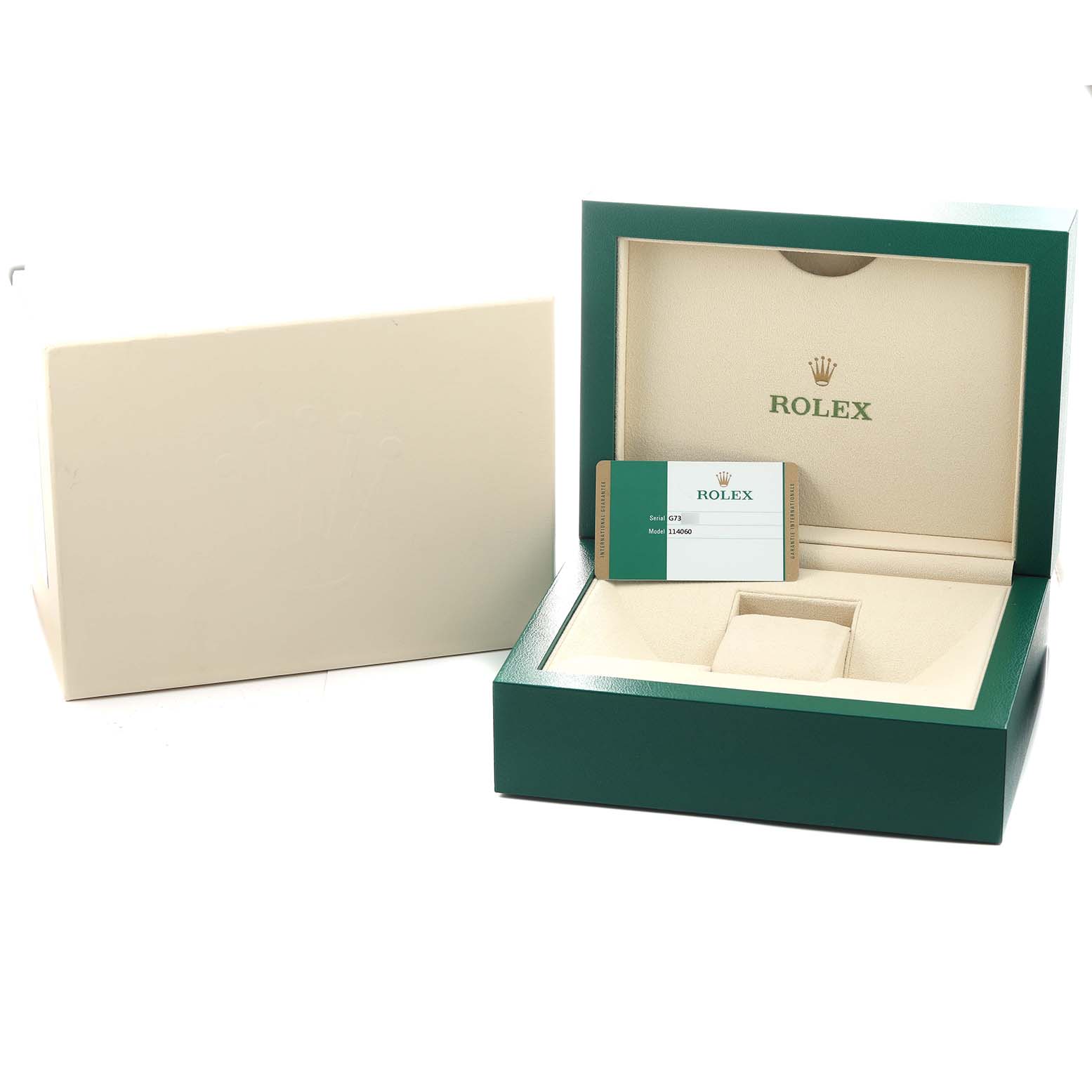 The image shows the open box for a Rolex Submariner 114060 Men's Stainless Steel Black Dial watch, displaying the interior and authenticity card.