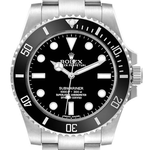 The Rolex Submariner 114060 Men's Stainless Steel Black Dial watch is shown from the front, displaying the dial, bezel, hands, and part of the bracelet.