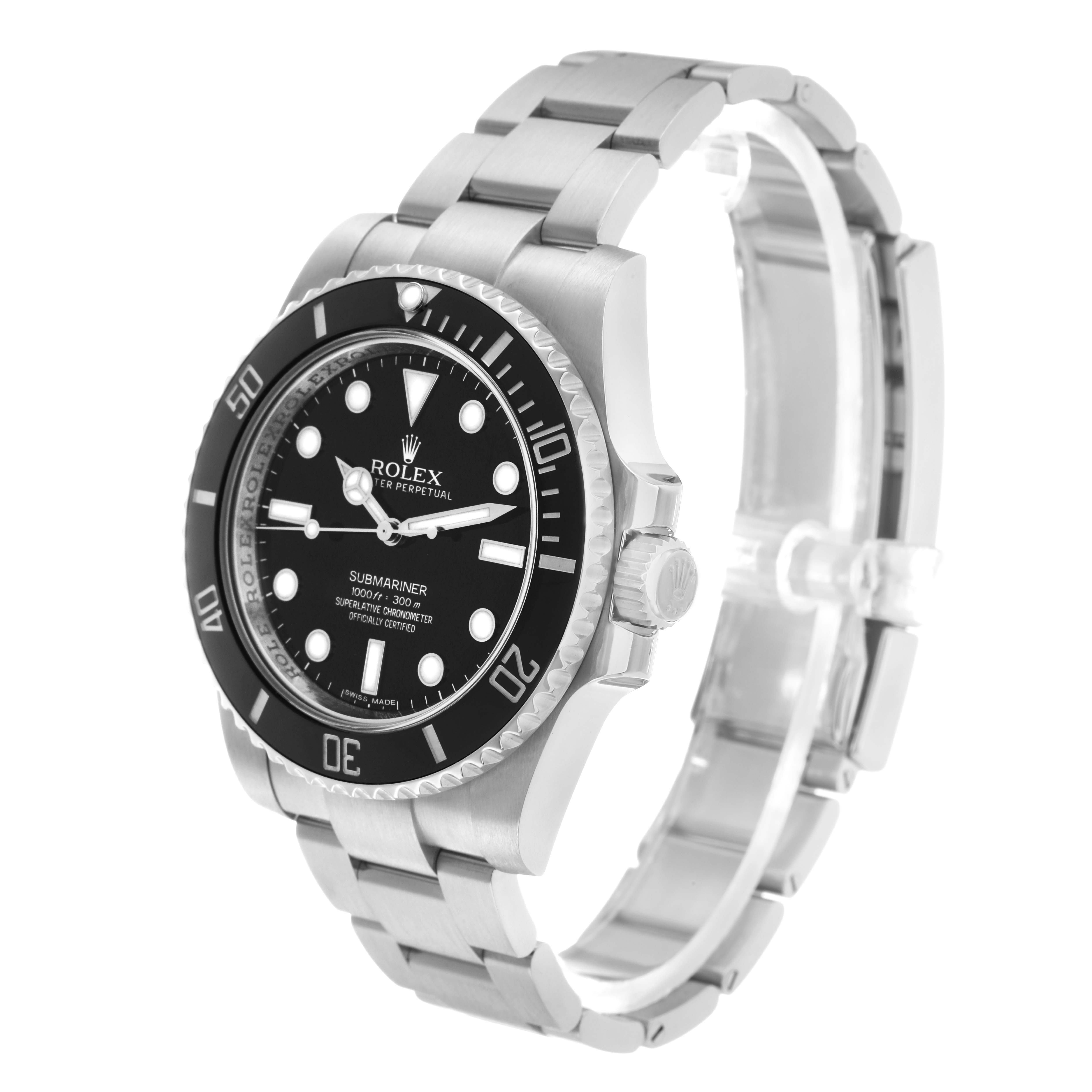 The Rolex Submariner 114060 Men's Stainless Steel Black Dial watch is shown from a three-quarter angle, displaying its face, bezel, crown, and bracelet.