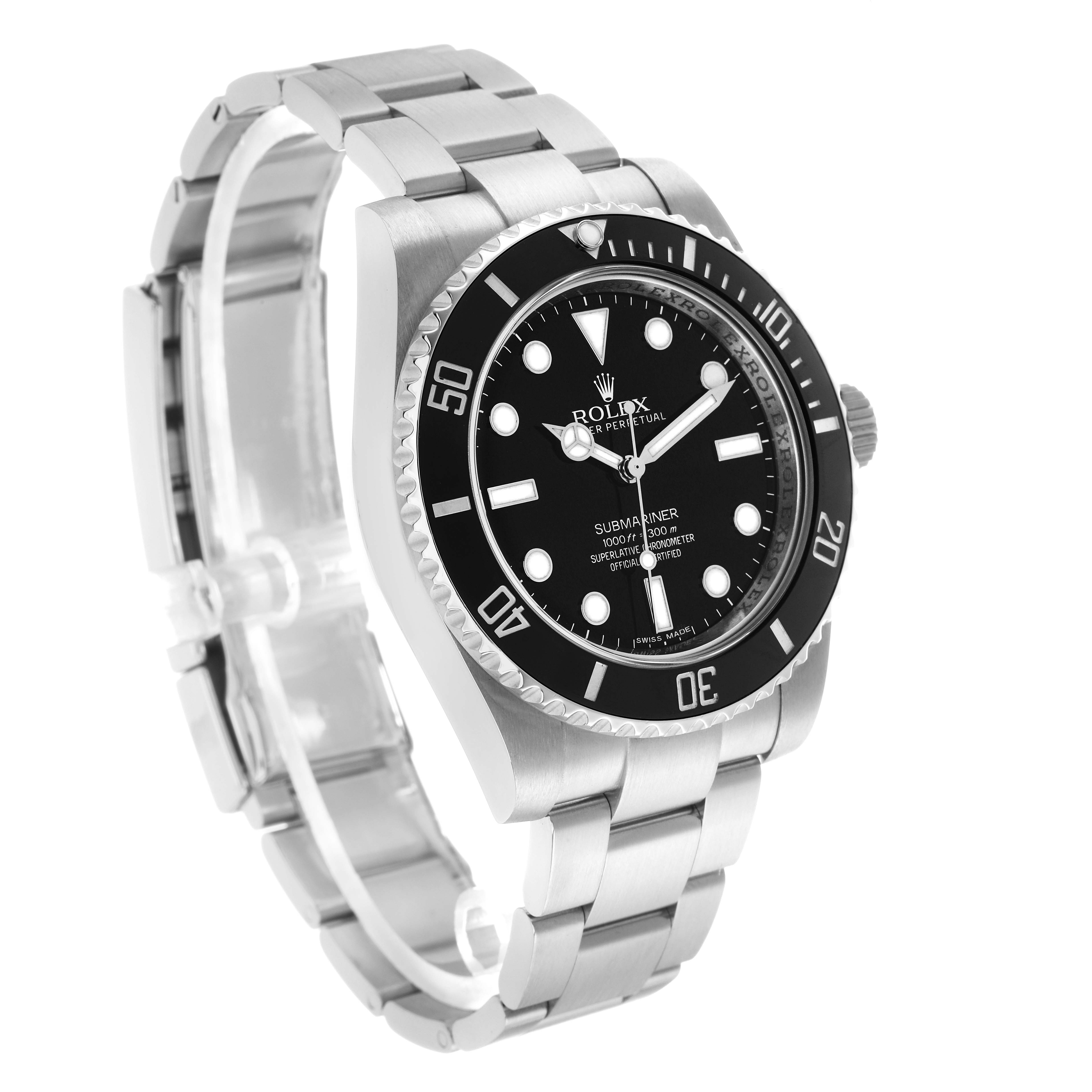 The Rolex Submariner 114060 Men's Stainless Steel Black Dial watch is shown at a three-quarter angle, displaying the face, bezel, and bracelet.