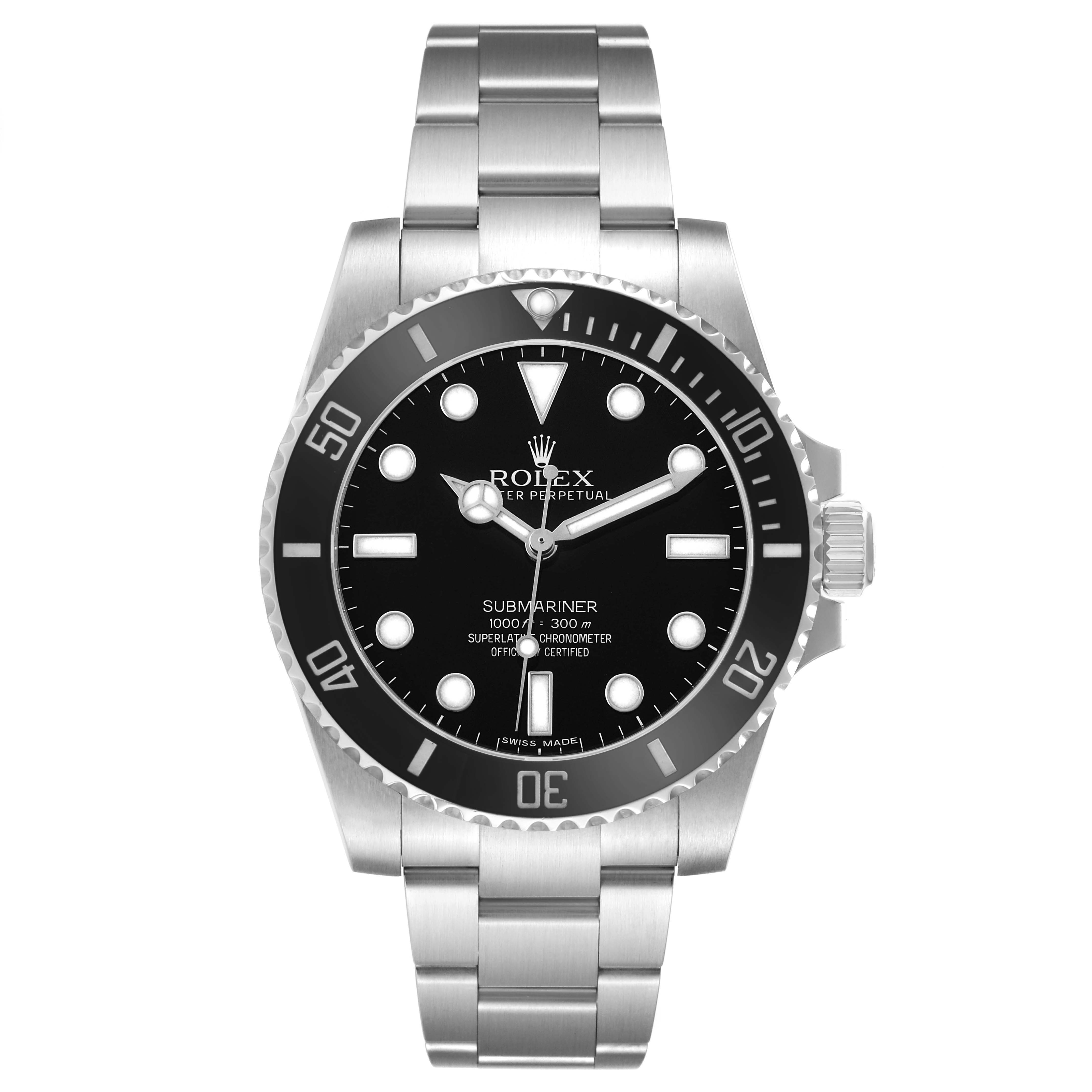 The Rolex Submariner 114060 Men's Stainless Steel Black Dial watch is shown from a straight-on angle, displaying its face, bezel, and bracelet.