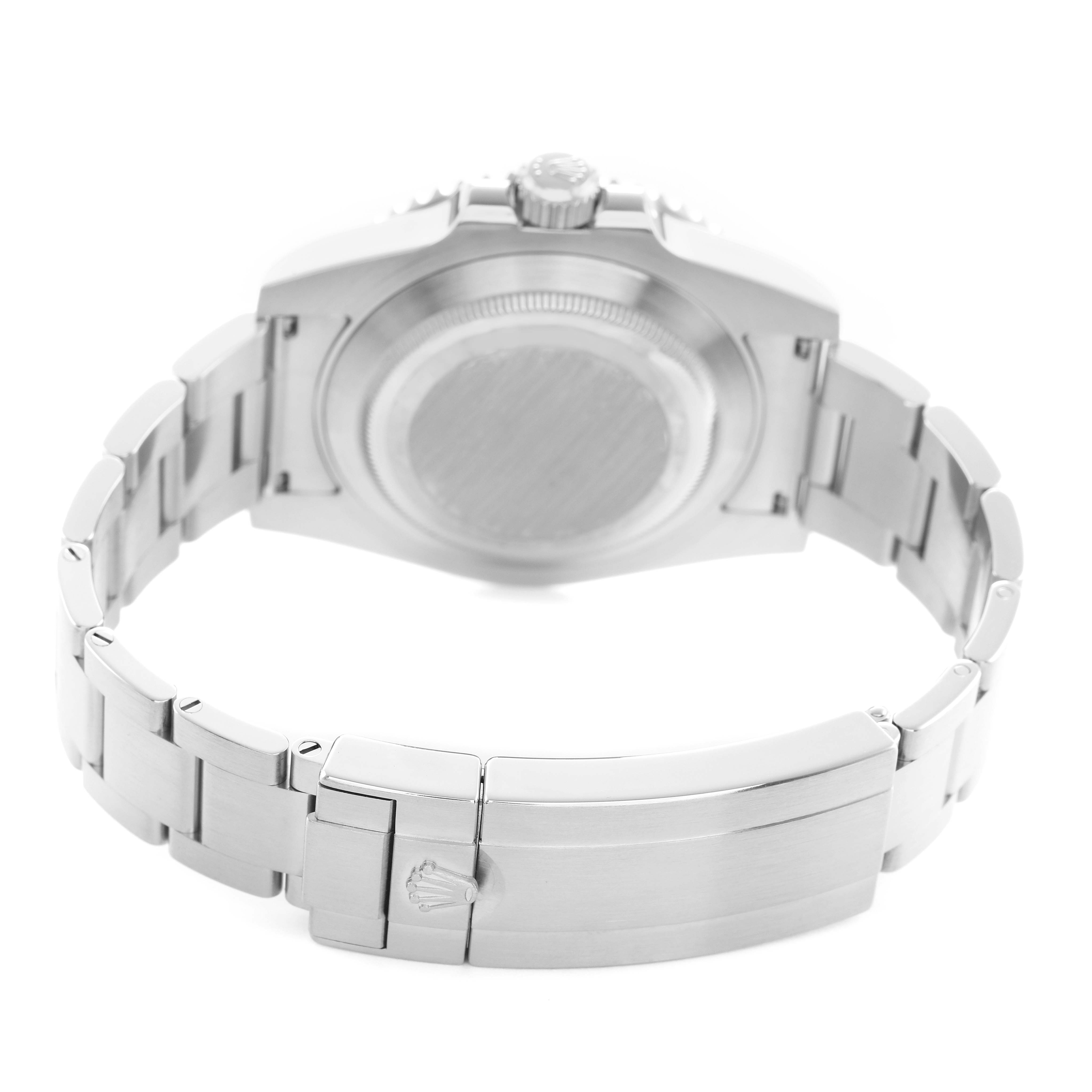 The image shows the back and bracelet of a Rolex Submariner 114060 Men's Stainless Steel Black Dial watch, highlighting the clasp and case back.