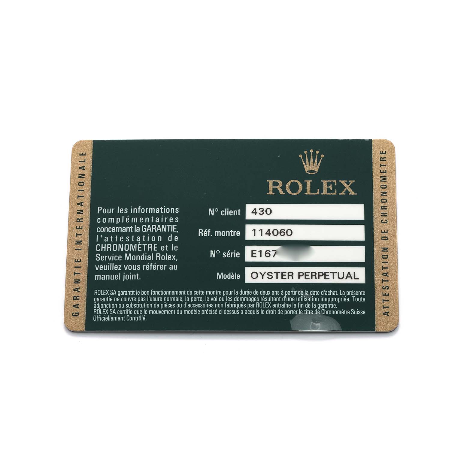 The image shows a warranty card for the Rolex Submariner 114060 Men's Stainless Steel Black Dial, displaying details like client number, reference number, and model name.