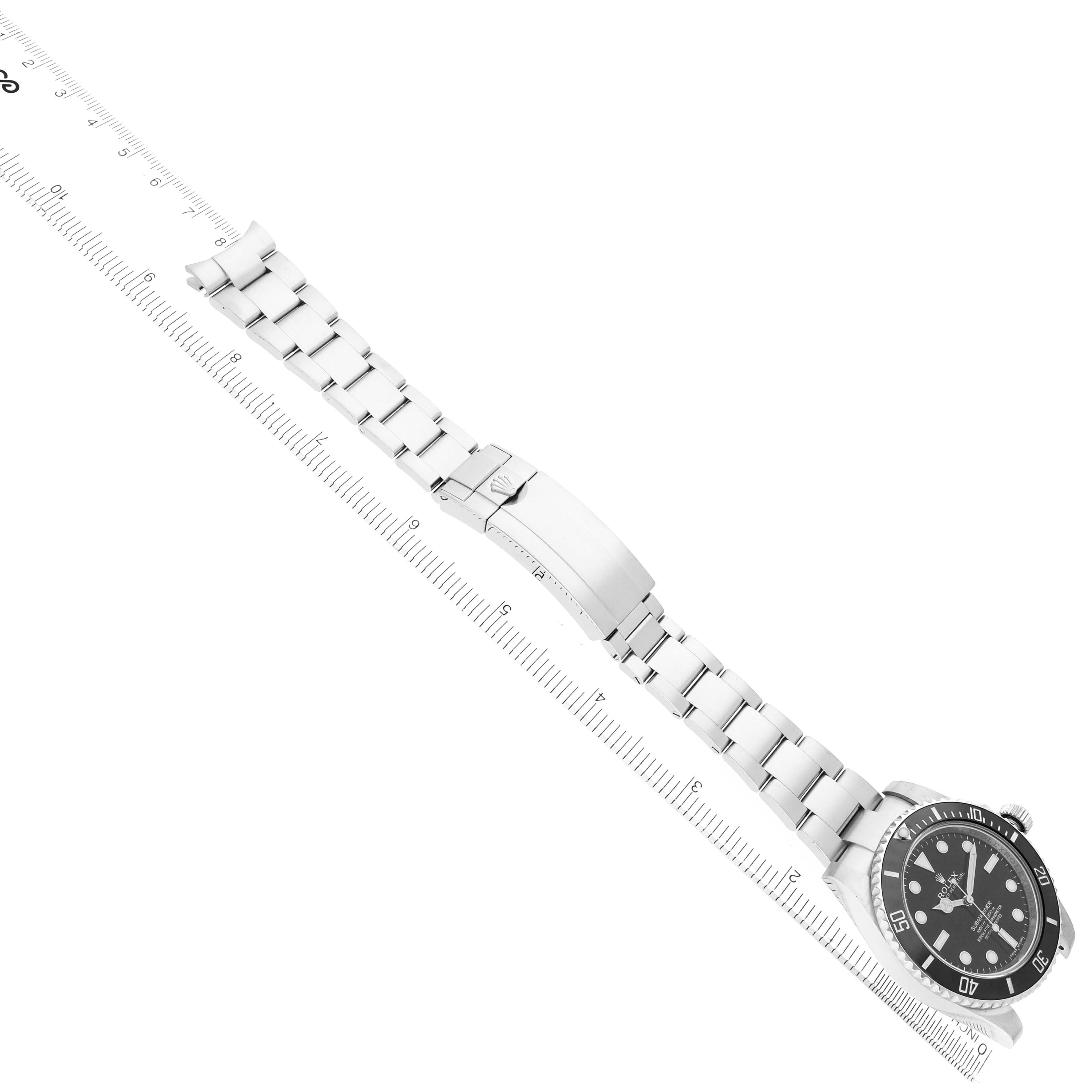 The Rolex Submariner 114060 Men's Stainless Steel Black Dial watch is shown at a slight angle, displaying the full bracelet and clasp.