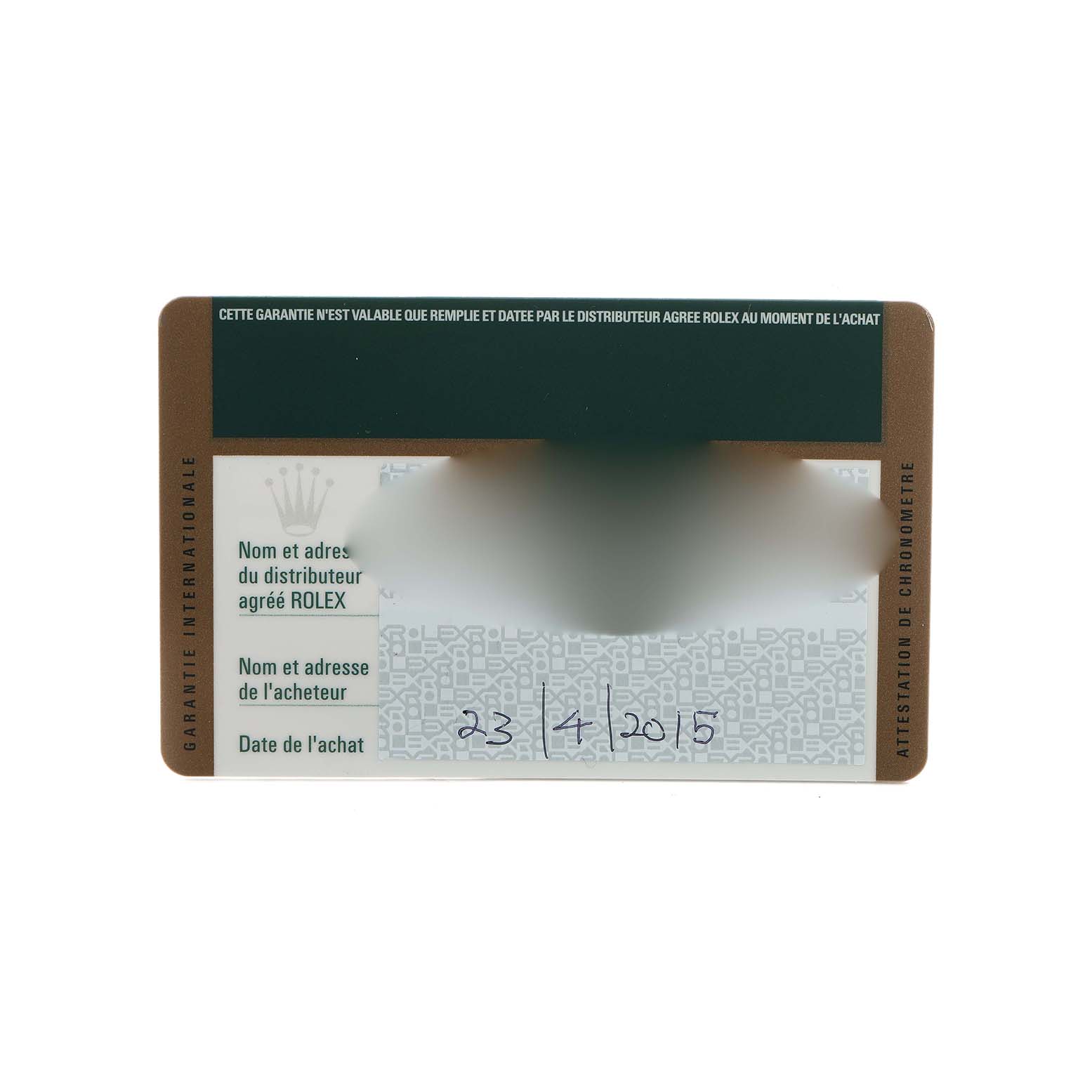 The image shows the warranty card for a Rolex Submariner 114060 Men's Stainless Steel Black Dial, featuring authentication details.