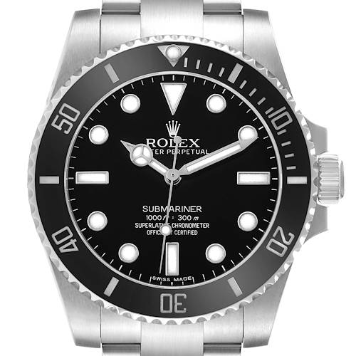 The Rolex Submariner 114060 Men's Stainless Steel Black Dial watch is shown from a front angle, displaying its dial, bezel, and part of the bracelet.