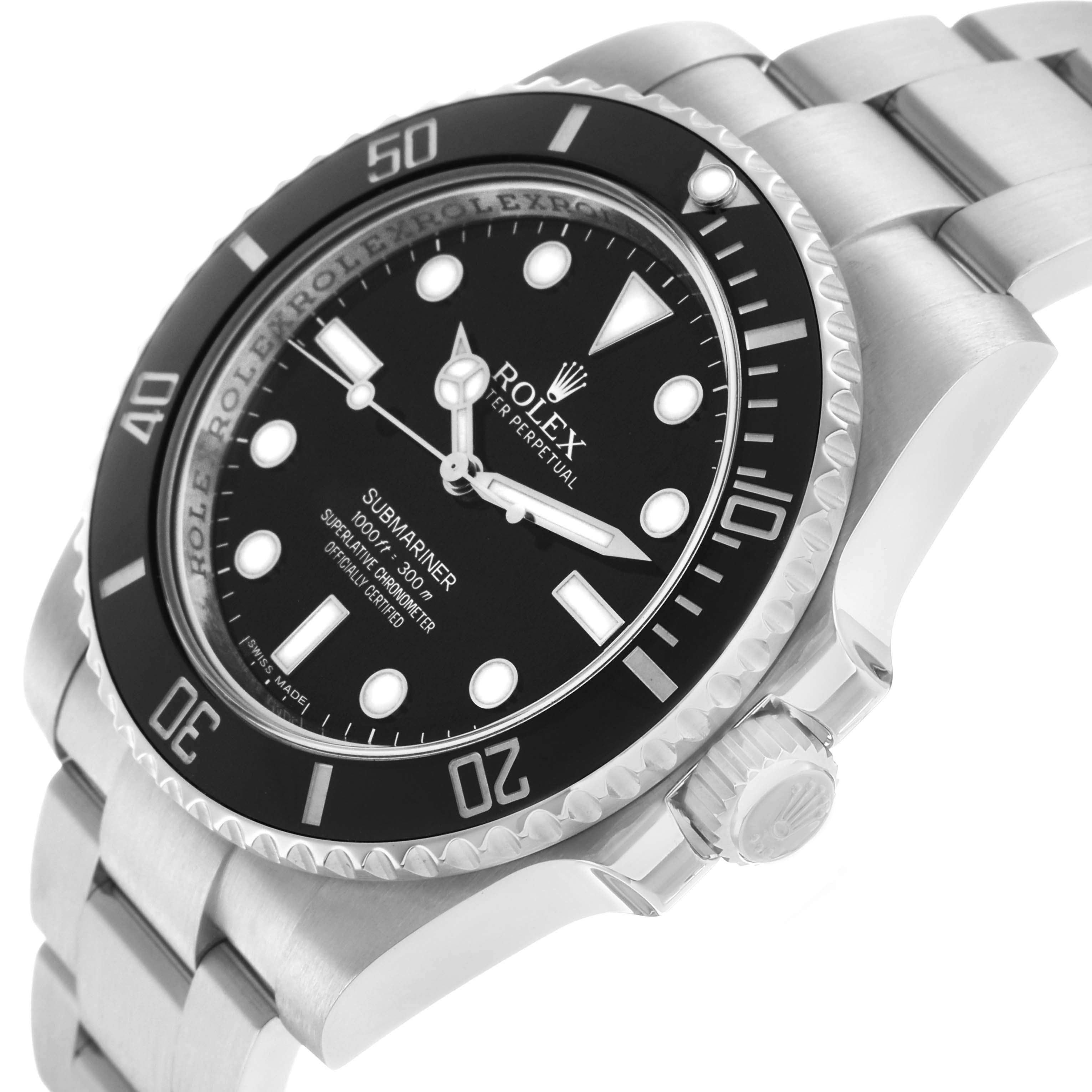 The Rolex Submariner 114060 Men's Stainless Steel Black Dial watch is shown at an angled side view, highlighting the bezel, dial, crown, and bracelet.