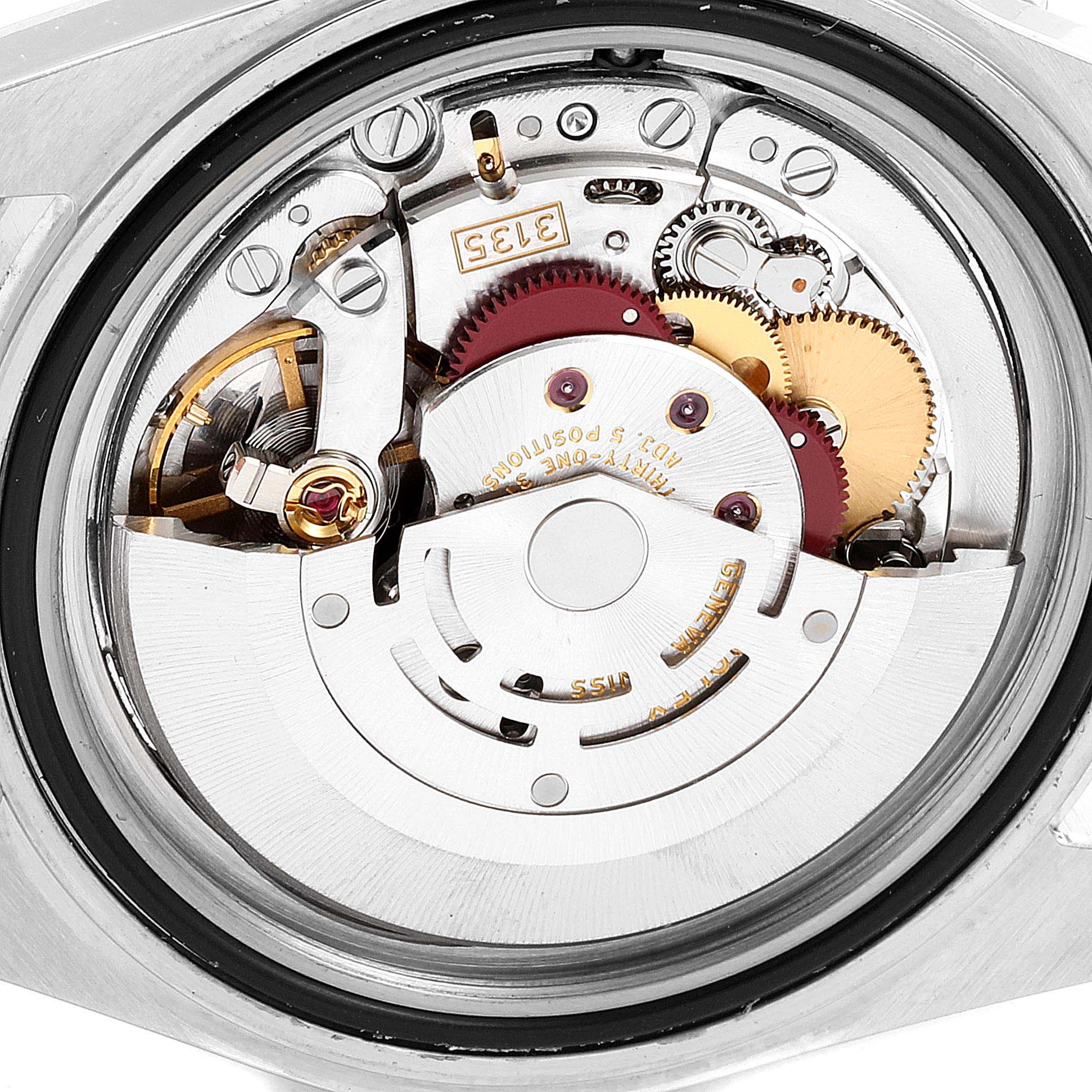 This image shows the internal movement mechanism of a Rolex Submariner 16613 Men's Steel and Gold (two tone) Blue Dial 16613 Men's Steel and Gold (two tone) Blue Dial watch at a close-up angle.