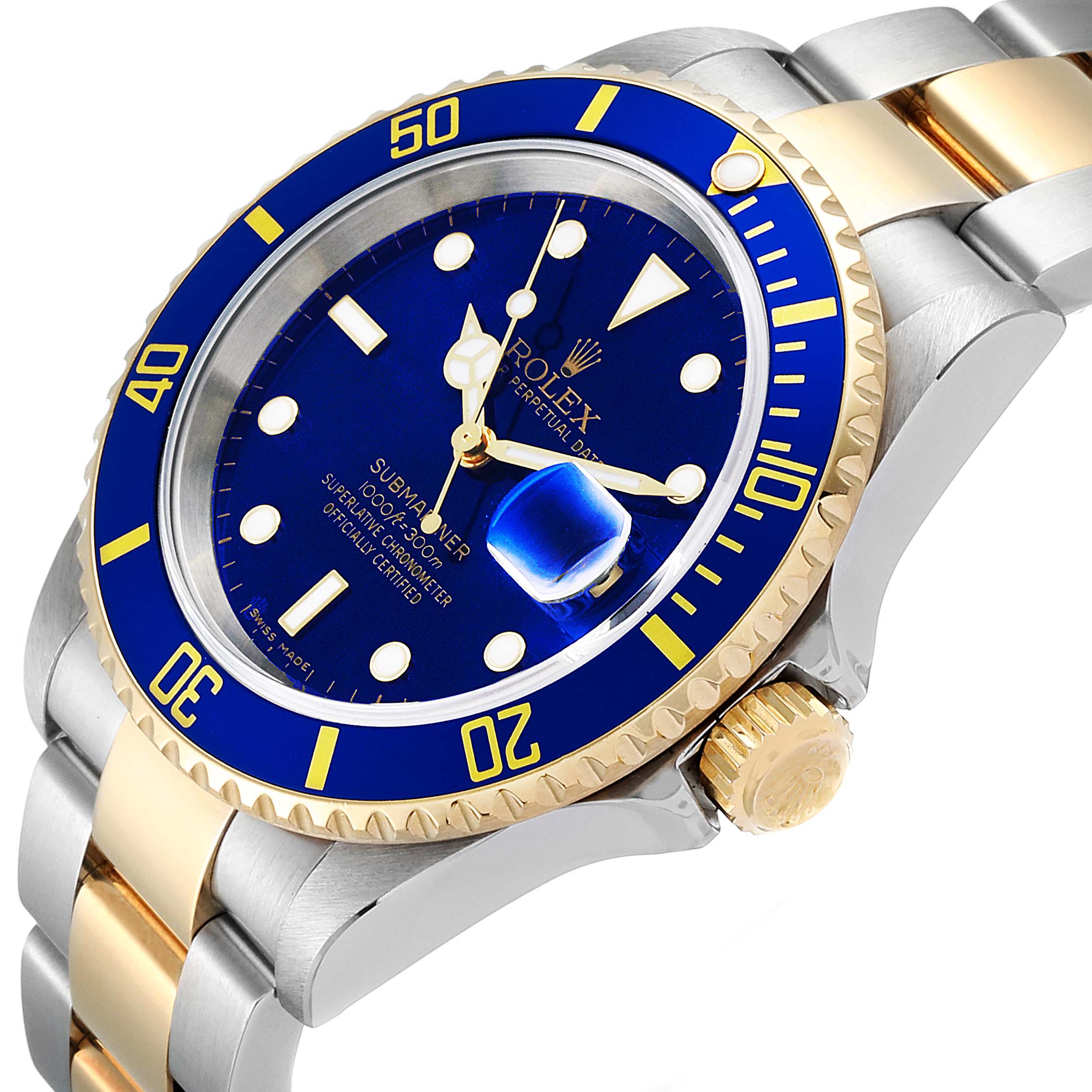 The image shows a Rolex Submariner 16613 Men's Steel and Gold (two tone) Blue Dial 16613 Men's Steel and Gold (two tone) Blue Dial watch from a side angle, highlighting its blue dial, gold bezel, and two-tone metal band.