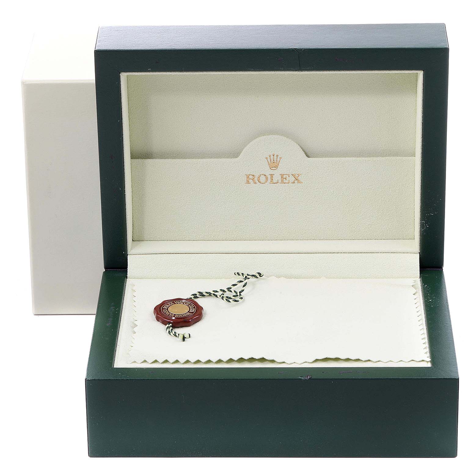 The image shows an empty Rolex Submariner 16613 Men's Steel and Gold (two tone) Blue Dial 16613 Men's Steel and Gold (two tone) Blue Dial watch box with a seal on a cloth inside.