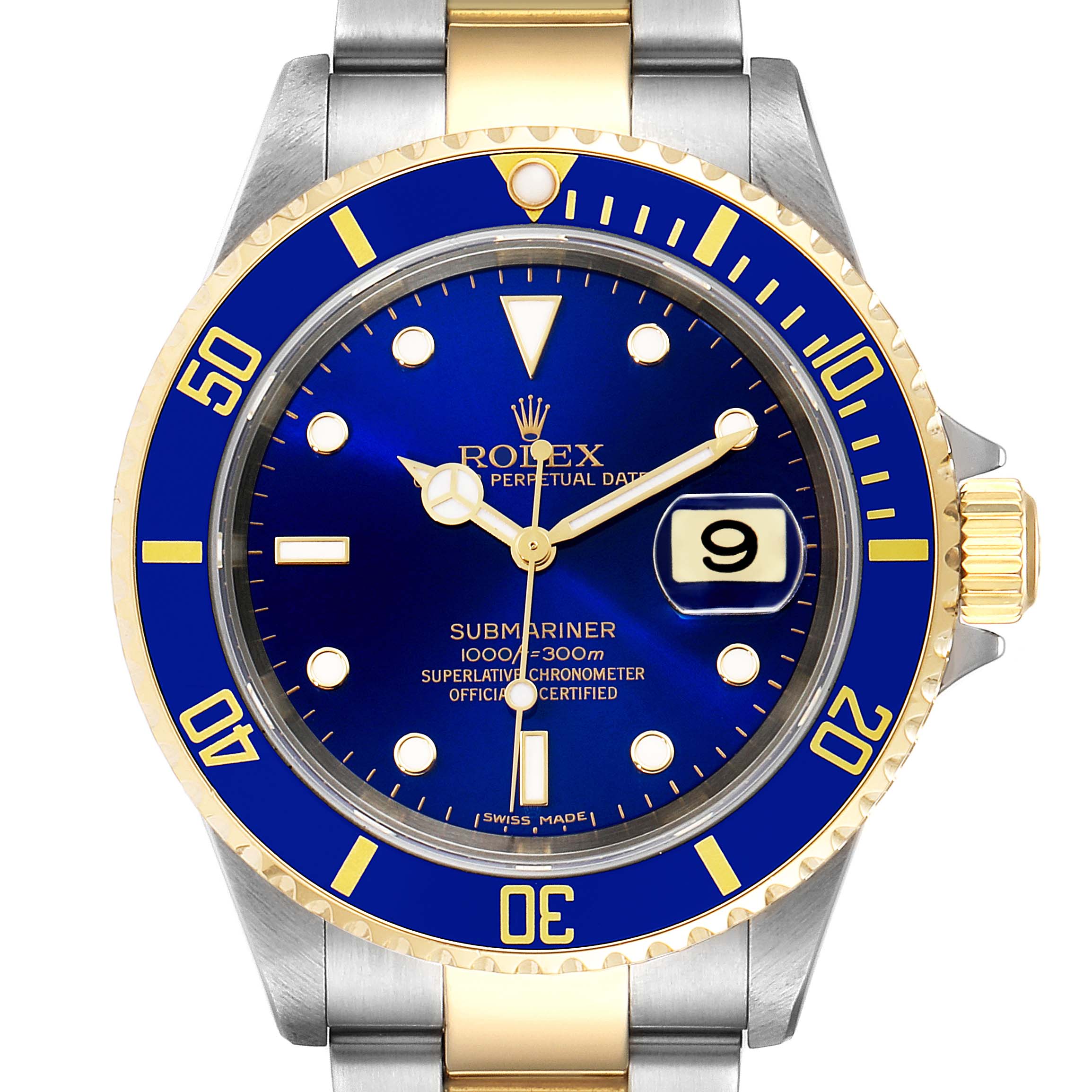 The image shows a front view of the Rolex Submariner 16613 Men's Steel and Gold (two tone) Blue Dial 16613 Men's Steel and Gold (two tone) Blue Dial watch, highlighting the blue dial, date window, and the two-tone metal bracelet.