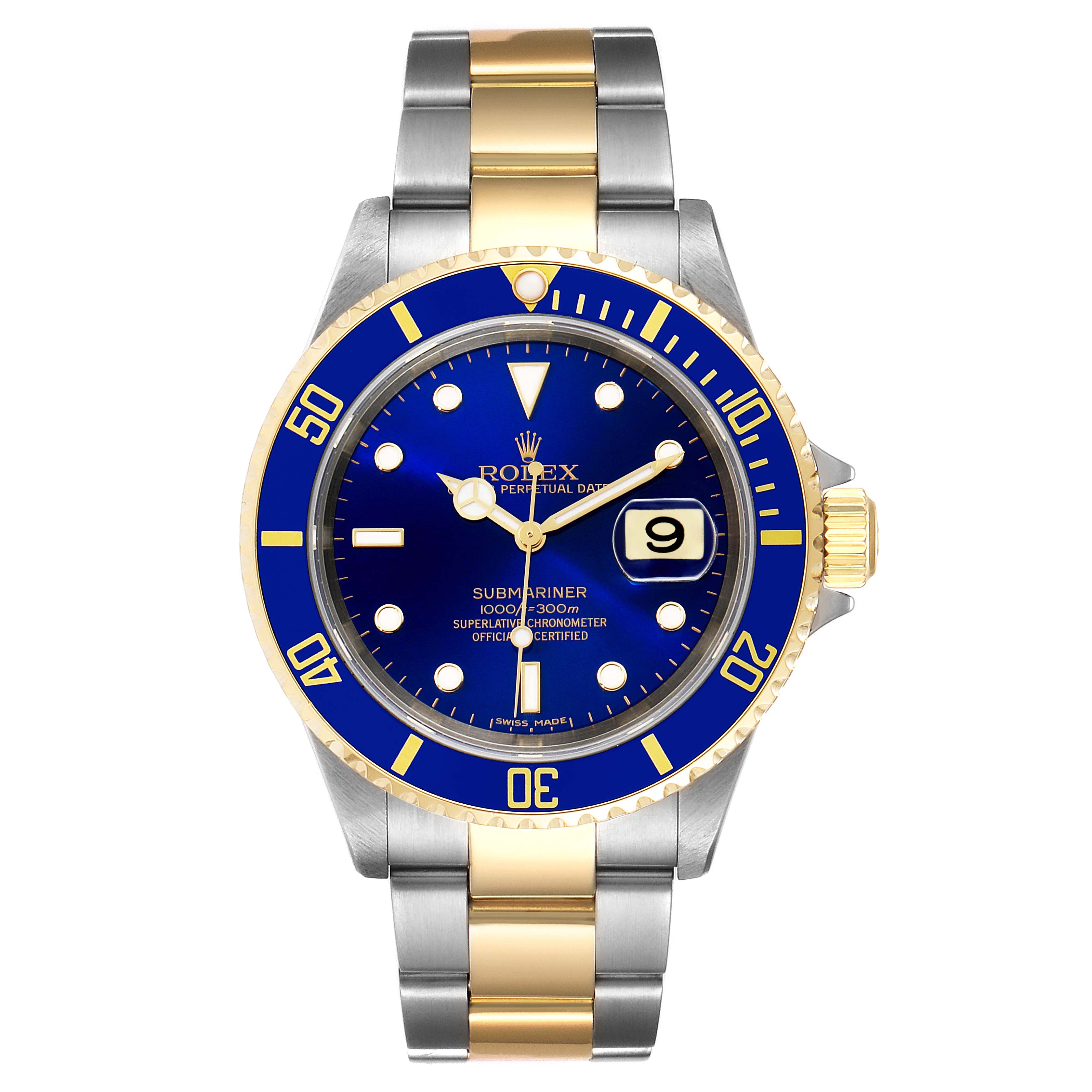 The image shows a Rolex Submariner 16613 Men's Steel and Gold (two tone) Blue Dial 16613 Men's Steel and Gold (two tone) Blue Dial watch from the front, highlighting its blue dial and two-tone metal bracelet.