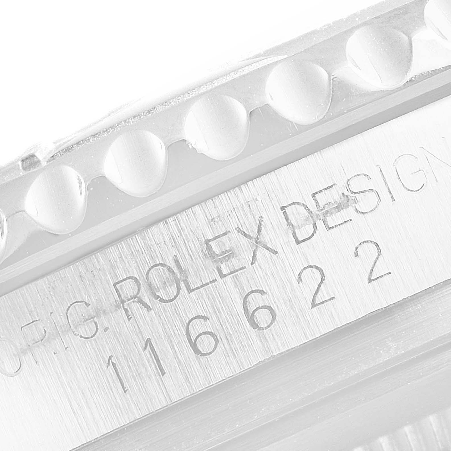 This image shows a close-up of the side of a Rolex Yacht-Master 116622 Men's Stainless Steel Blue Dial 116622 Men's Stainless Steel Blue Dial watch, focusing on the engraved model number.