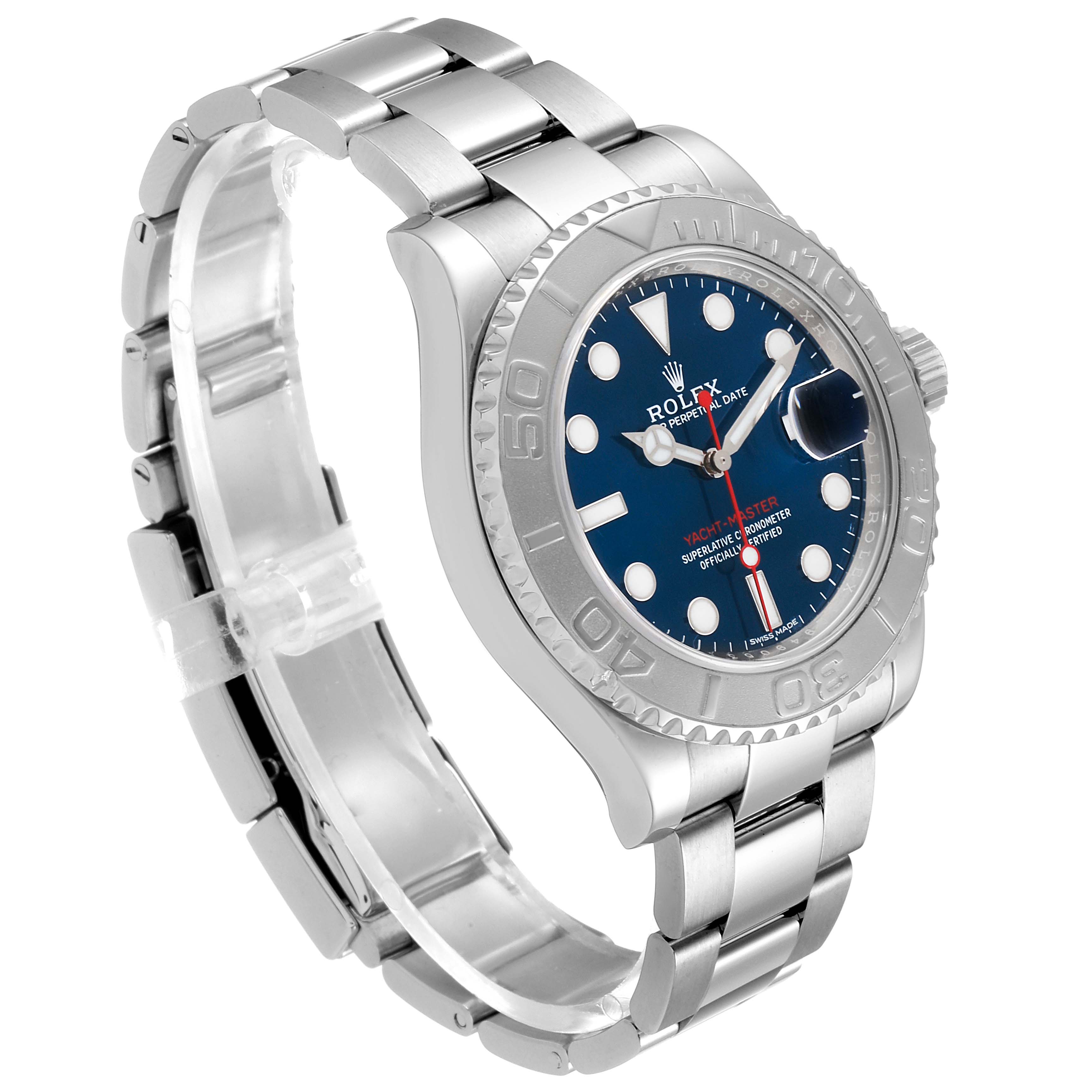 The Rolex Yacht-Master 116622 Men's Stainless Steel Blue Dial 116622 Men's Stainless Steel Blue Dial watch is shown at a three-quarter angle, displaying the bracelet, case, bezel, and dial.