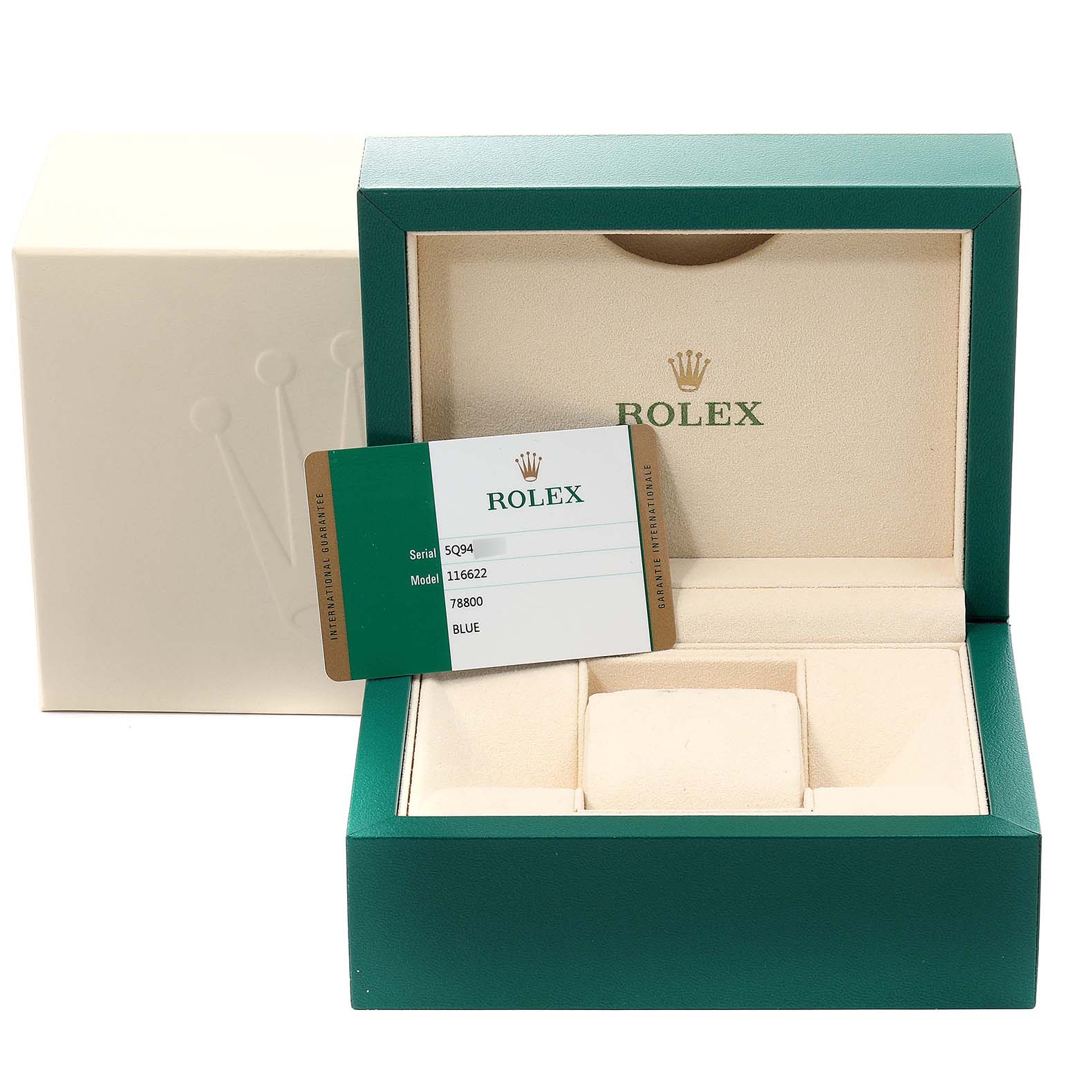 The image shows a Rolex Yacht-Master 116622 Men's Stainless Steel Blue Dial 116622 Men's Stainless Steel Blue Dial watch box with a Rolex authenticity card placed inside.