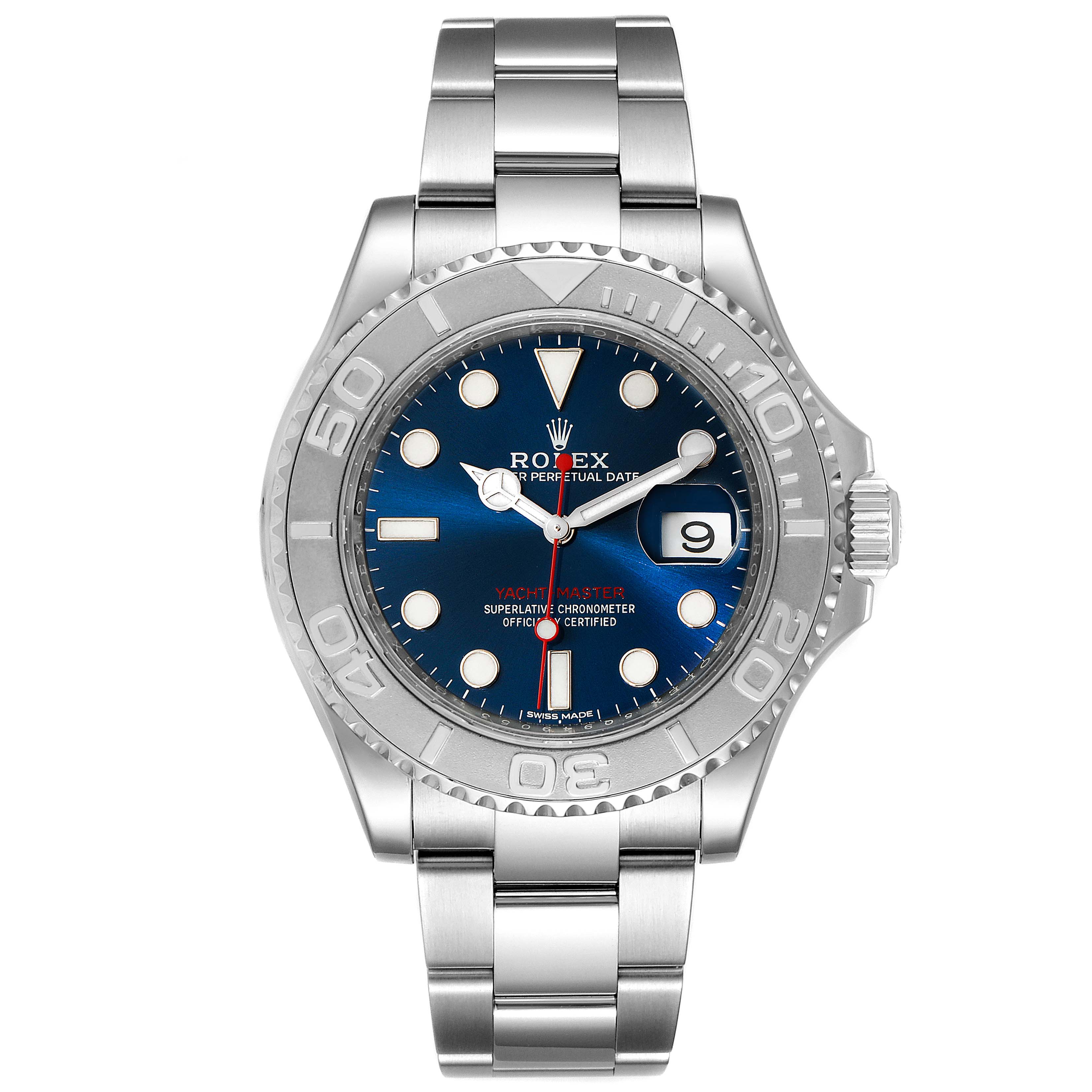The Rolex Yacht-Master 116622 Men's Stainless Steel Blue Dial 116622 Men's Stainless Steel Blue Dial model watch is shown from the front, displaying the dial, bezel, and bracelet.