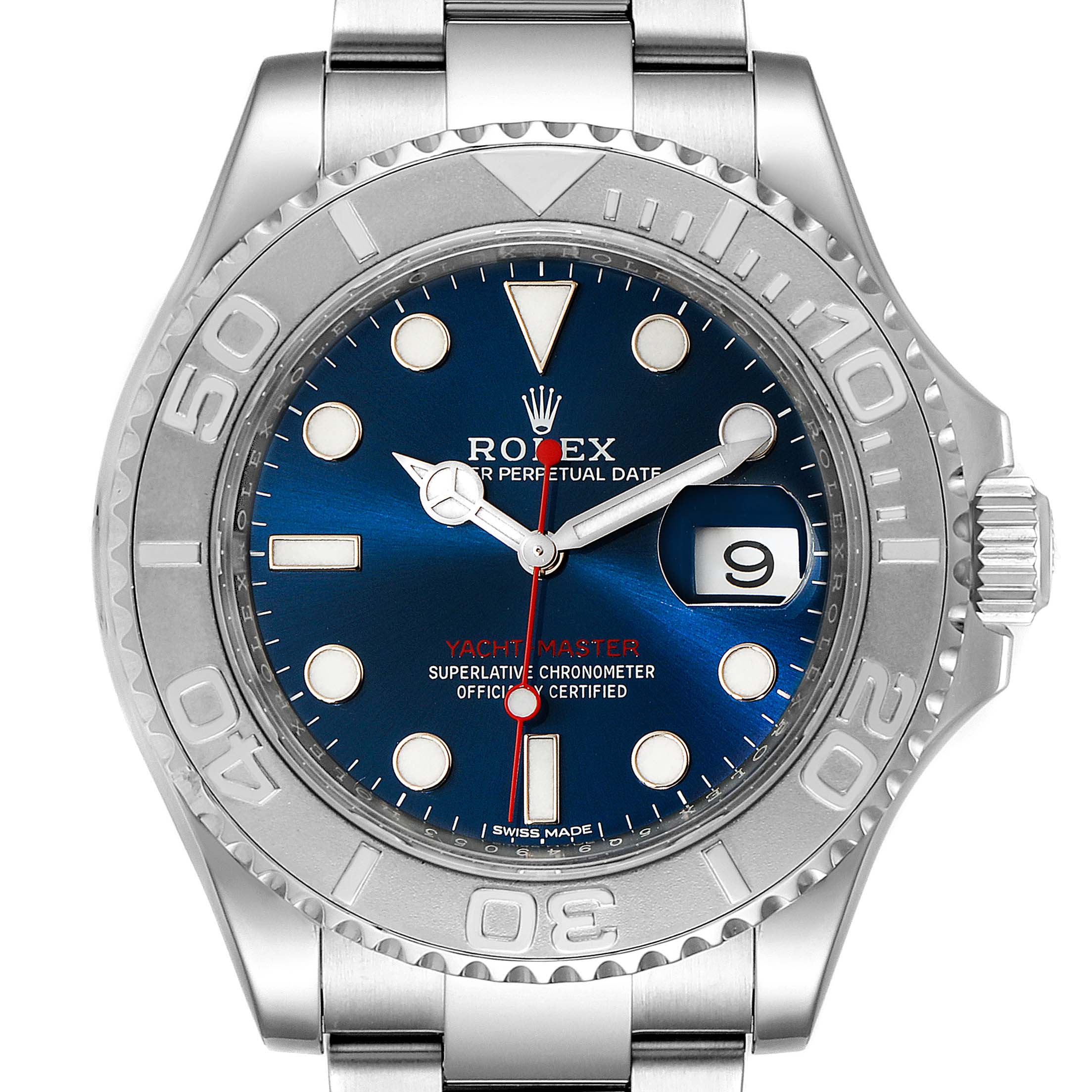 The image shows a front angle of the Rolex Yacht-Master 116622 Men's Stainless Steel Blue Dial 116622 Men's Stainless Steel Blue Dial watch, highlighting its dial, bezel, and bracelet.