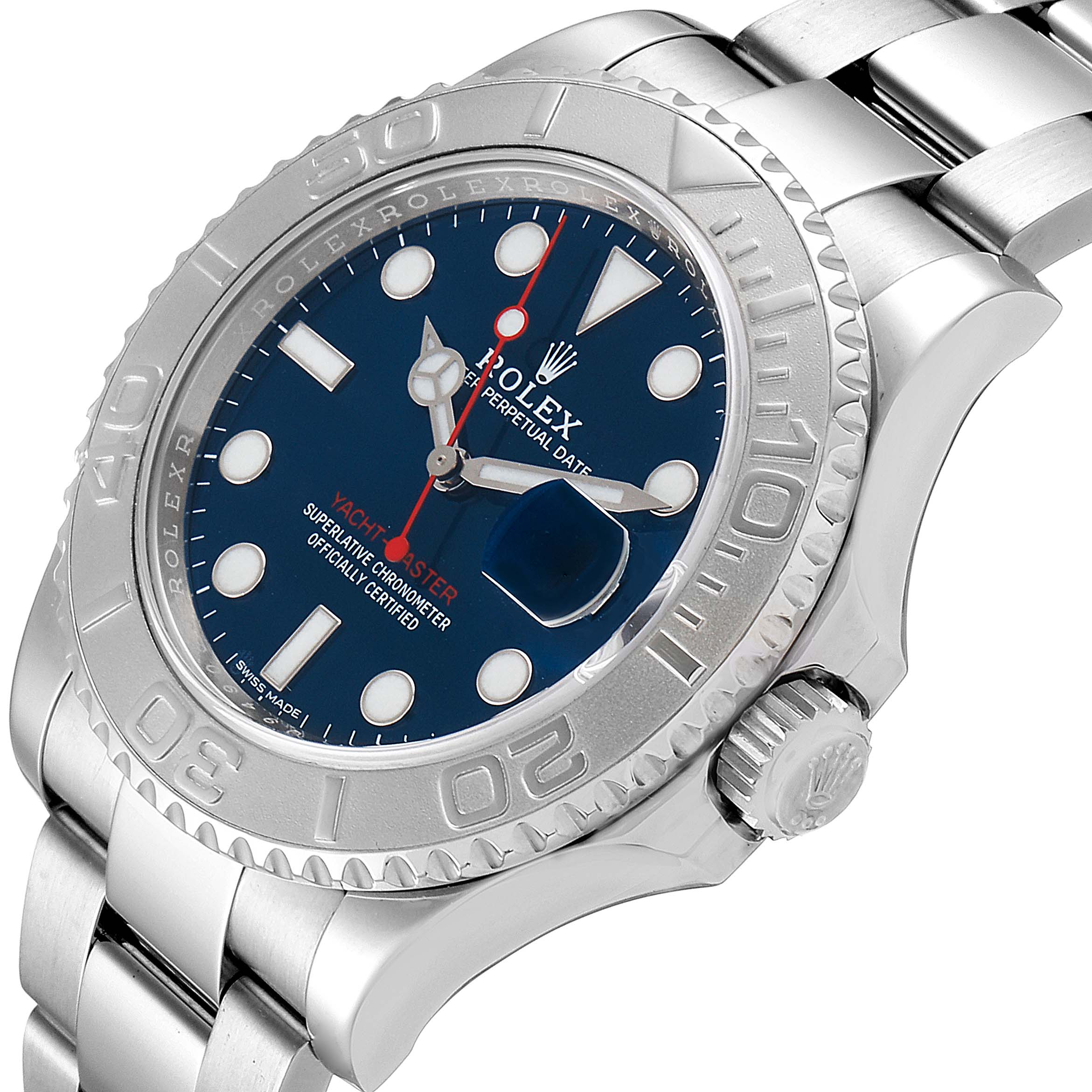 This image shows the Rolex Yacht-Master 116622 Men's Stainless Steel Blue Dial 116622 Men's Stainless Steel Blue Dial watch at an angle highlighting the dial, bezel, crown, and part of the bracelet.