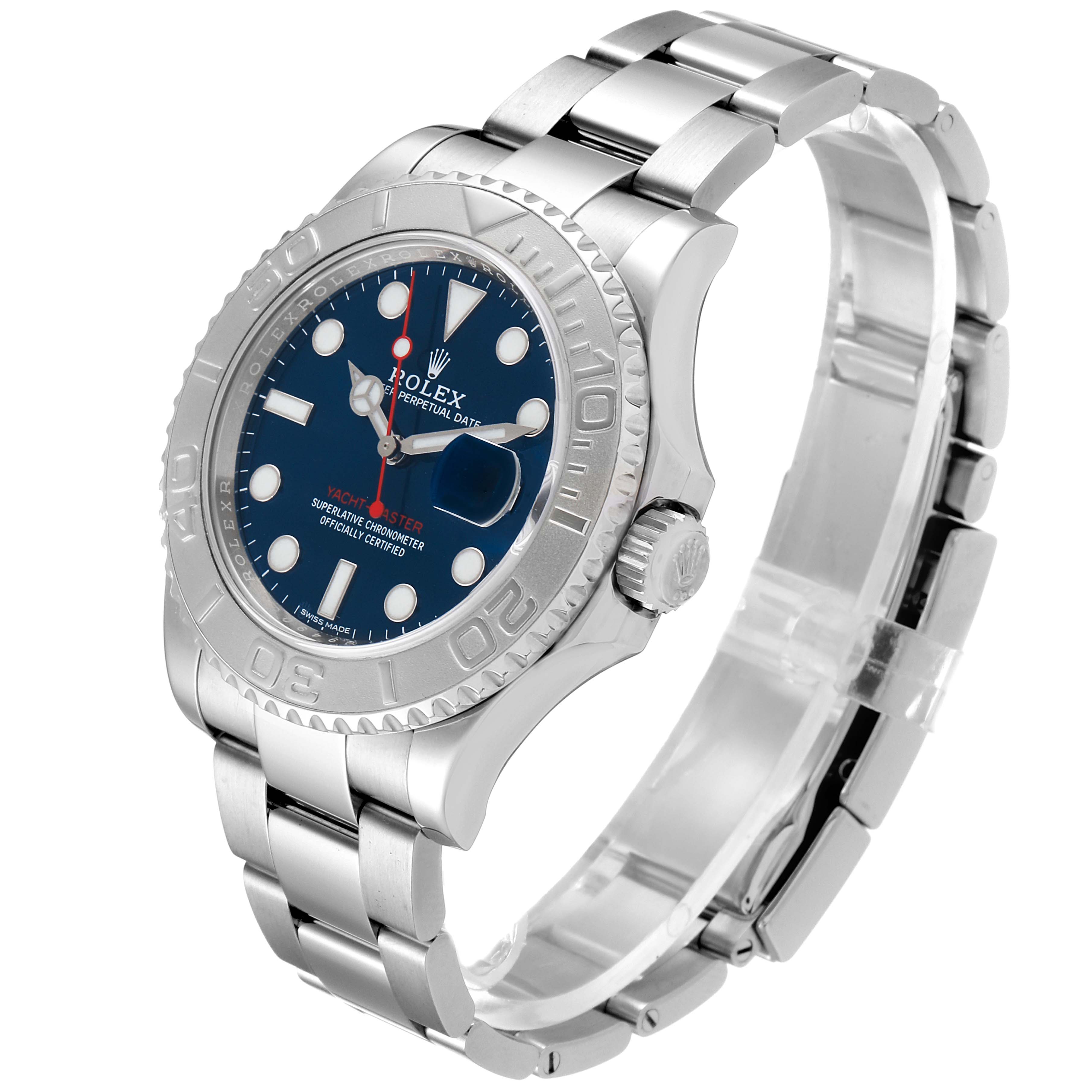 This image shows a side angle view of a Rolex Yacht-Master 116622 Men's Stainless Steel Blue Dial 116622 Men's Stainless Steel Blue Dial watch, highlighting its bracelet, bezel, crown, and dial.