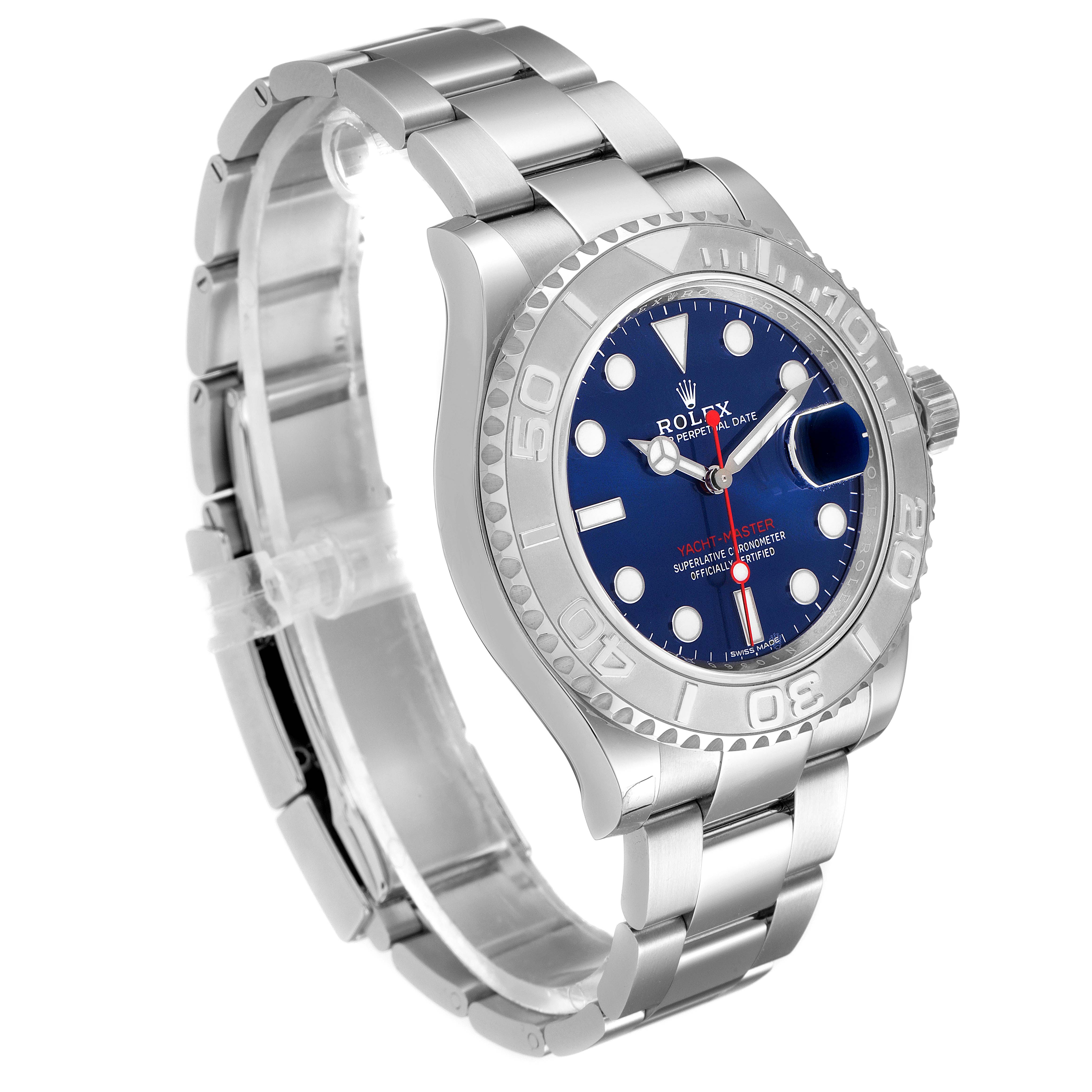 The image shows a Rolex Yacht-Master 116622 Men
s Stainless Steel Blue Dial 116622 Men
s Stainless Steel Blue Dial watch at a three-quarter angle, highlighting the dial, bezel, and part of the bracelet.