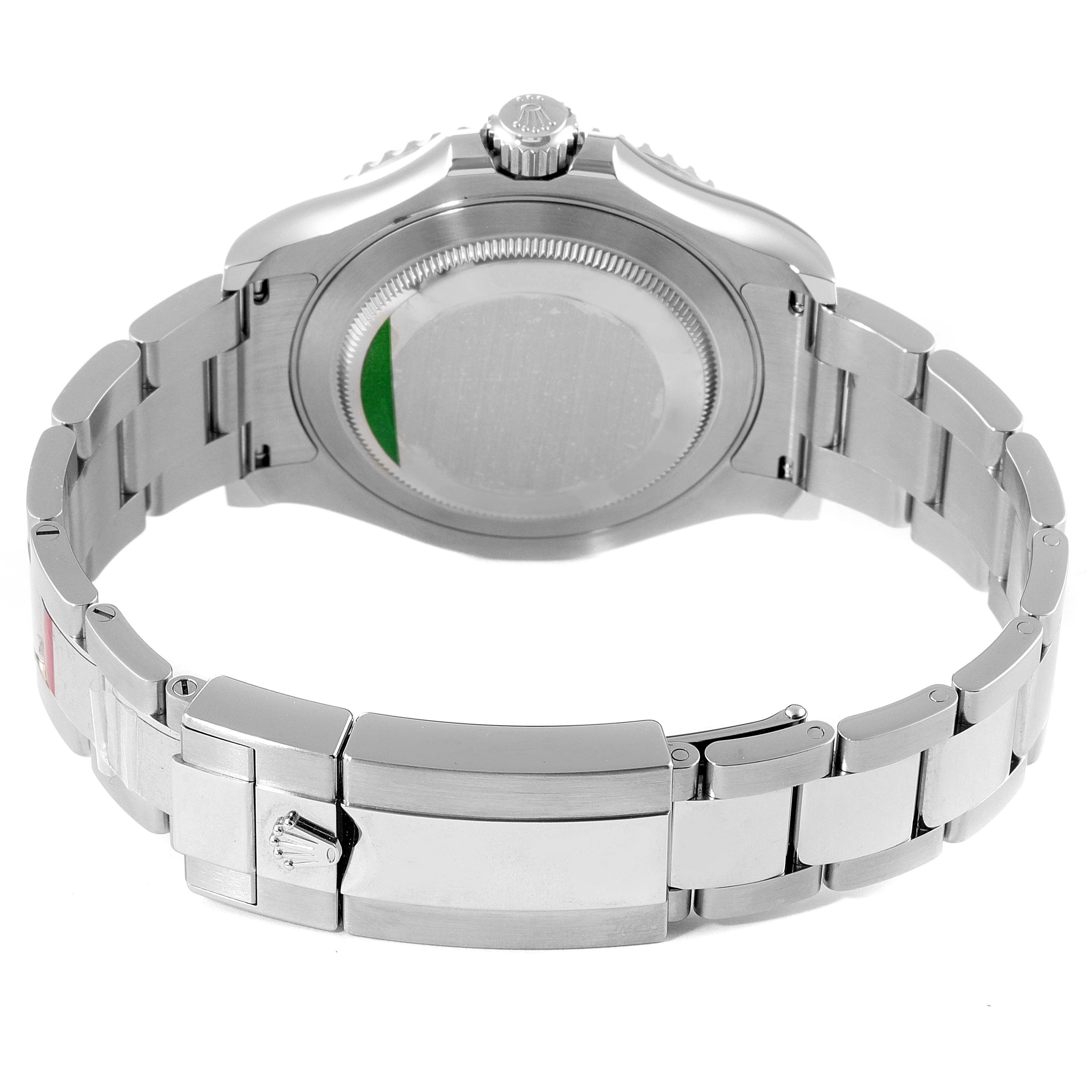 The image shows the back view of the Rolex Yacht-Master 116622 Men
s Stainless Steel Blue Dial 116622 Men
s Stainless Steel Blue Dial watch, highlighting its clasp and bracelet.