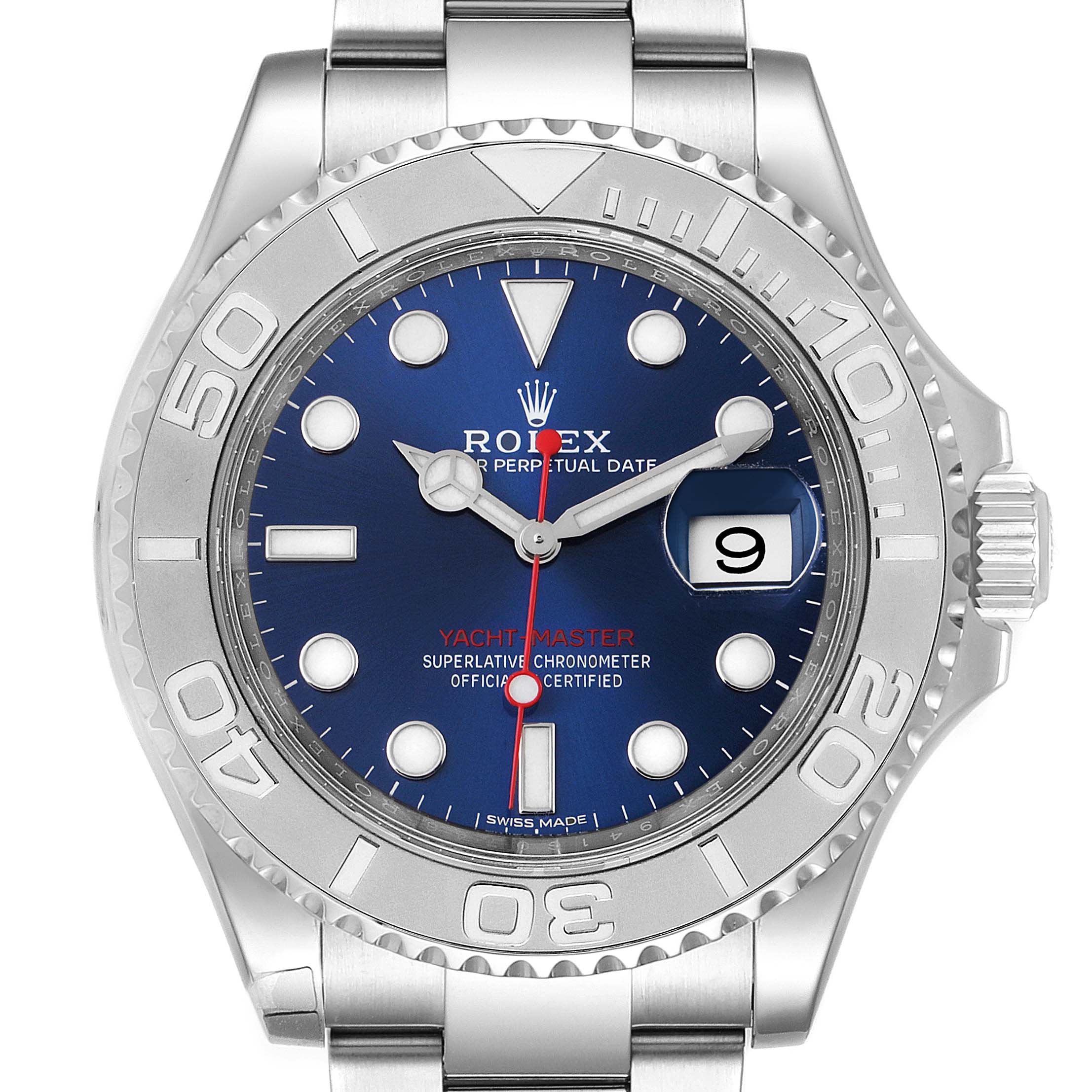 The image shows a frontal view of the Rolex Yacht-Master 116622 Men
s Stainless Steel Blue Dial 116622 Men
s Stainless Steel Blue Dial watch, highlighting the dial, bezel, and part of the bracelet.