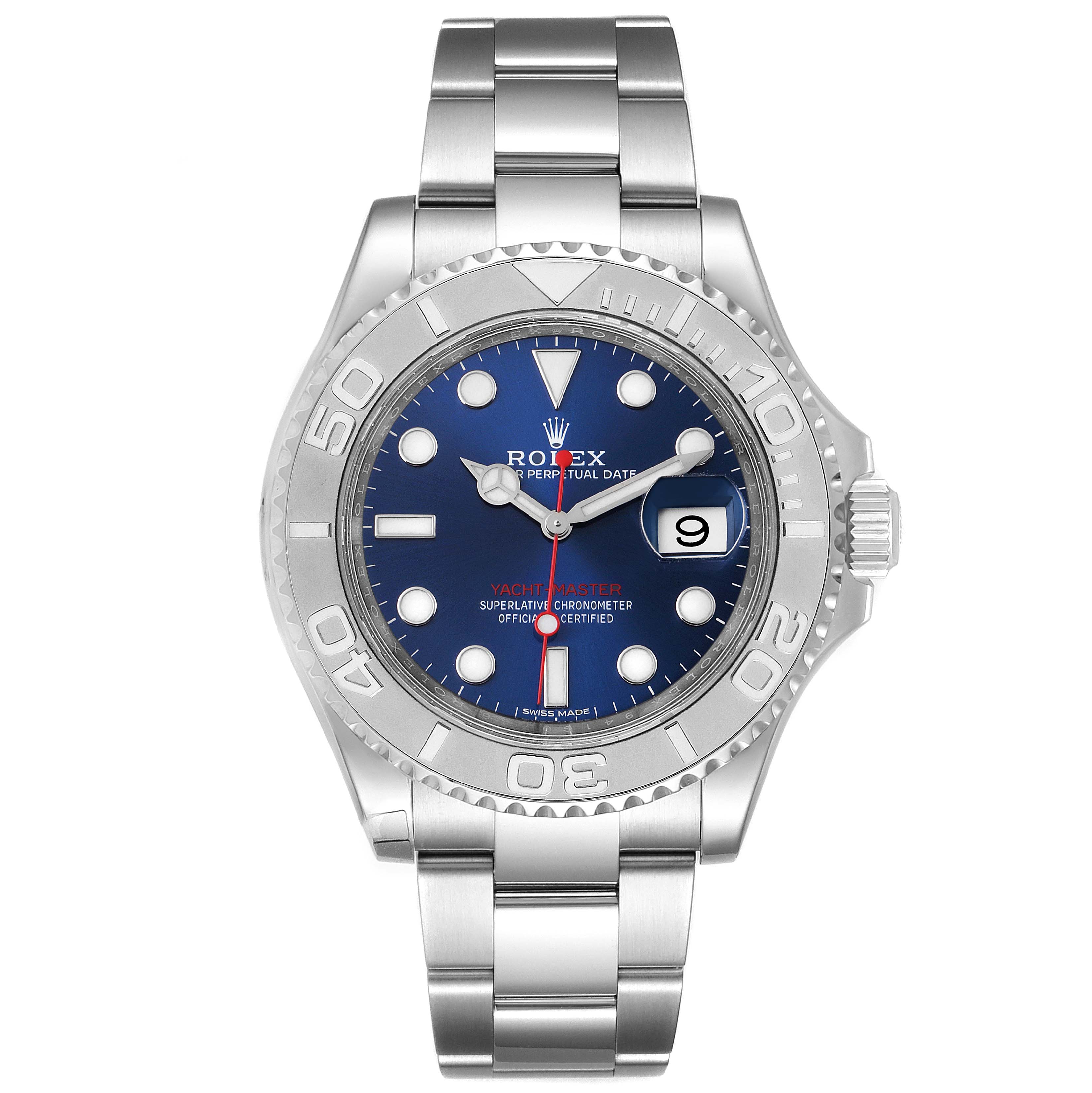 The Rolex Yacht-Master 116622 Men
s Stainless Steel Blue Dial 116622 Men
s Stainless Steel Blue Dial watch is shown from a front angle, displaying the bracelet, bezel, dial, and date window.