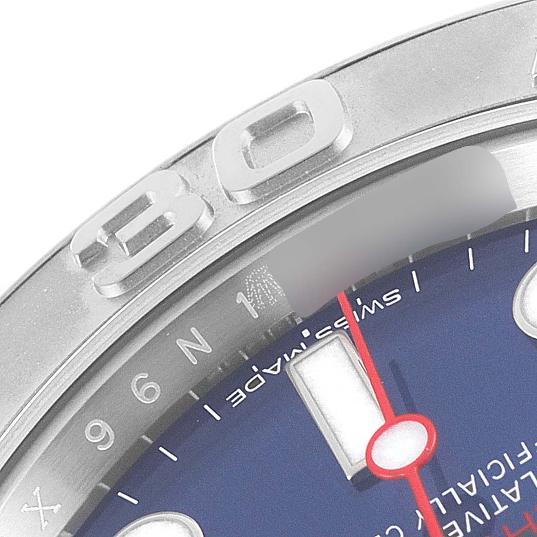 The image shows a close-up of the bezel and dial of a Rolex Yacht-Master 116622 Men
s Stainless Steel Blue Dial 116622 Men
s Stainless Steel Blue Dial watch, highlighting the 30-minute mark and part of the blue dial.