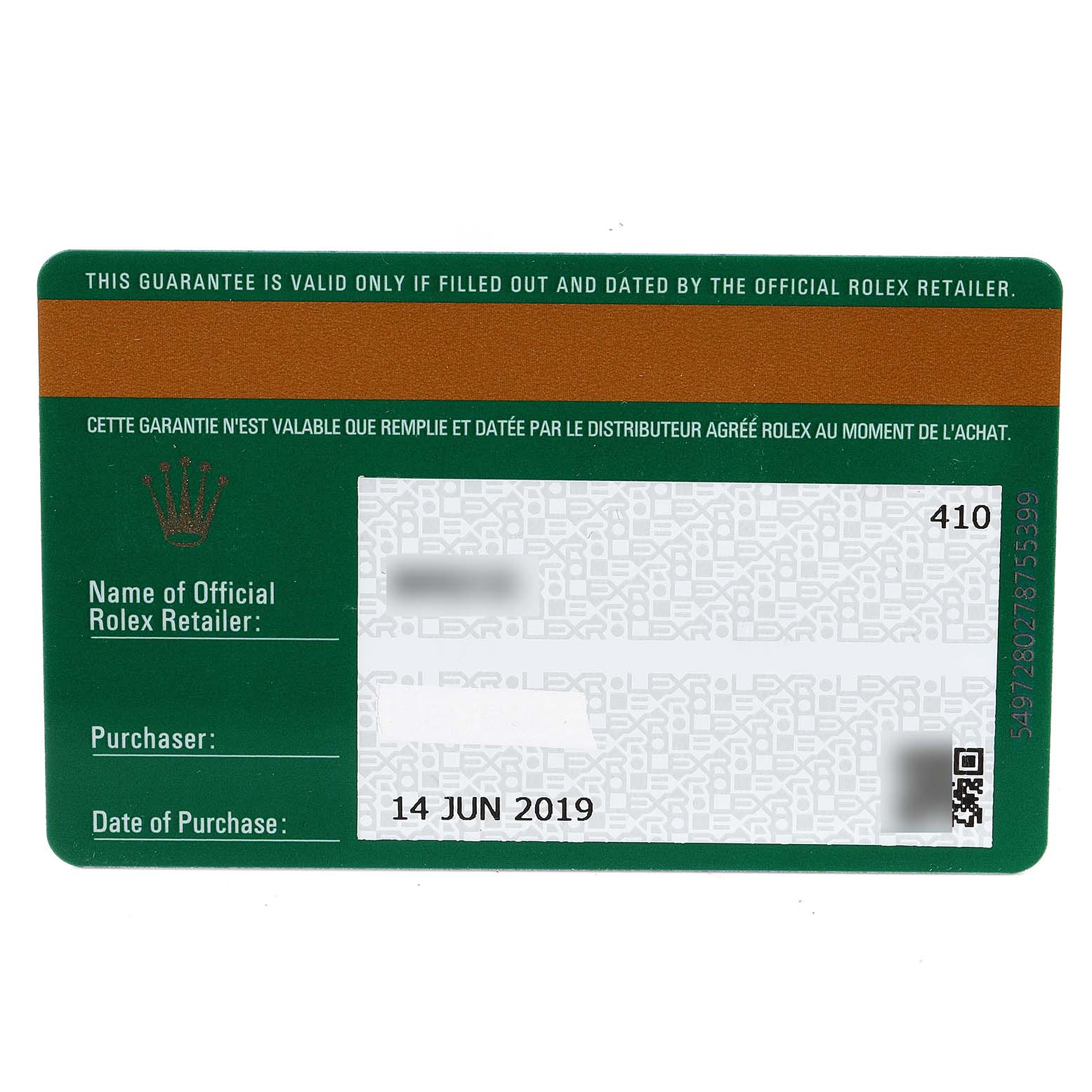 The image shows a guarantee card for a Rolex Yacht-Master 116622 Men
s Stainless Steel Blue Dial 116622 Men
s Stainless Steel Blue Dial watch, displaying the retailer
s information and the date of purchase.