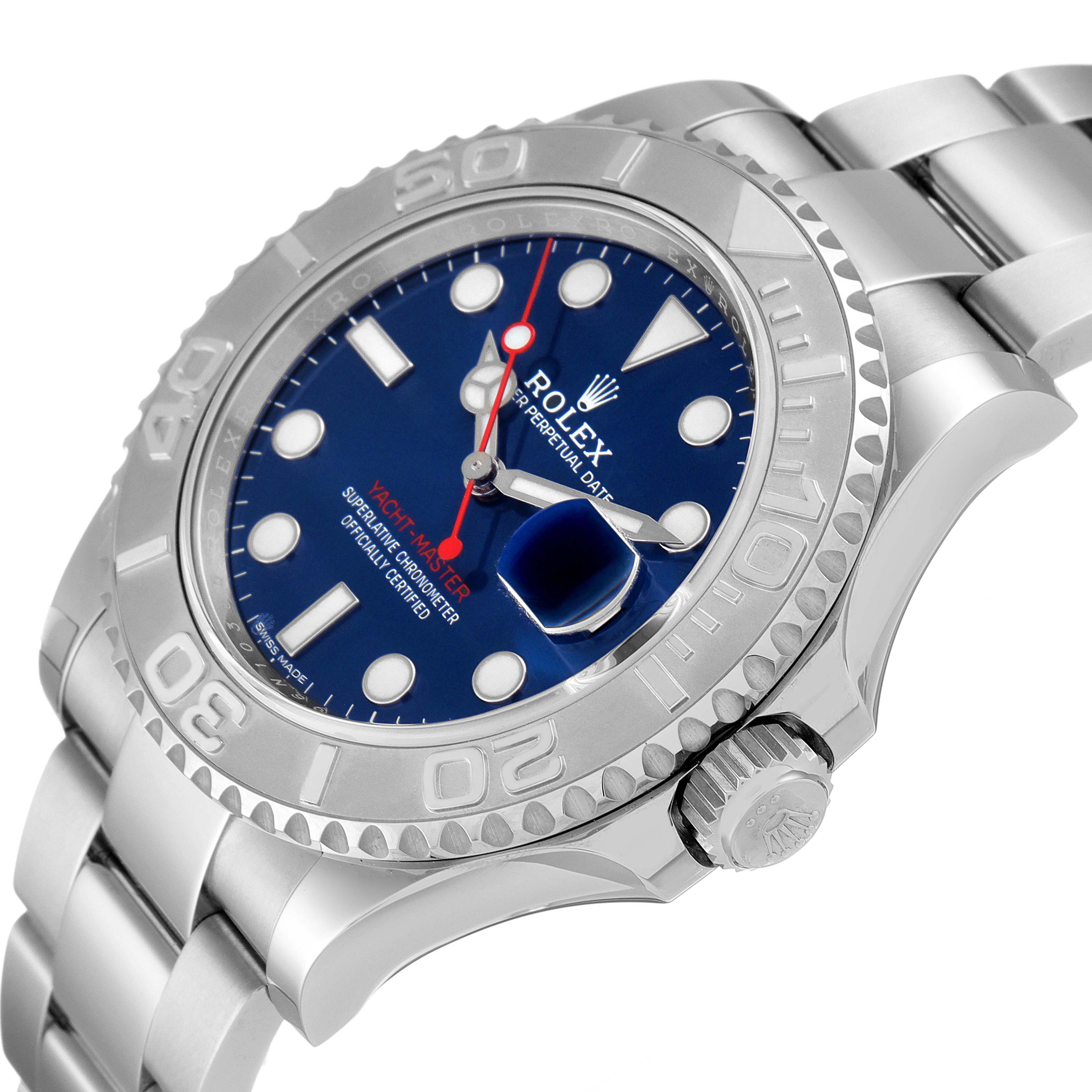 The image shows a Rolex Yacht-Master 116622 Men
s Stainless Steel Blue Dial 116622 Men
s Stainless Steel Blue Dial watch from an angled view, highlighting the bezel, dial, date magnifier, and part of the bracelet.