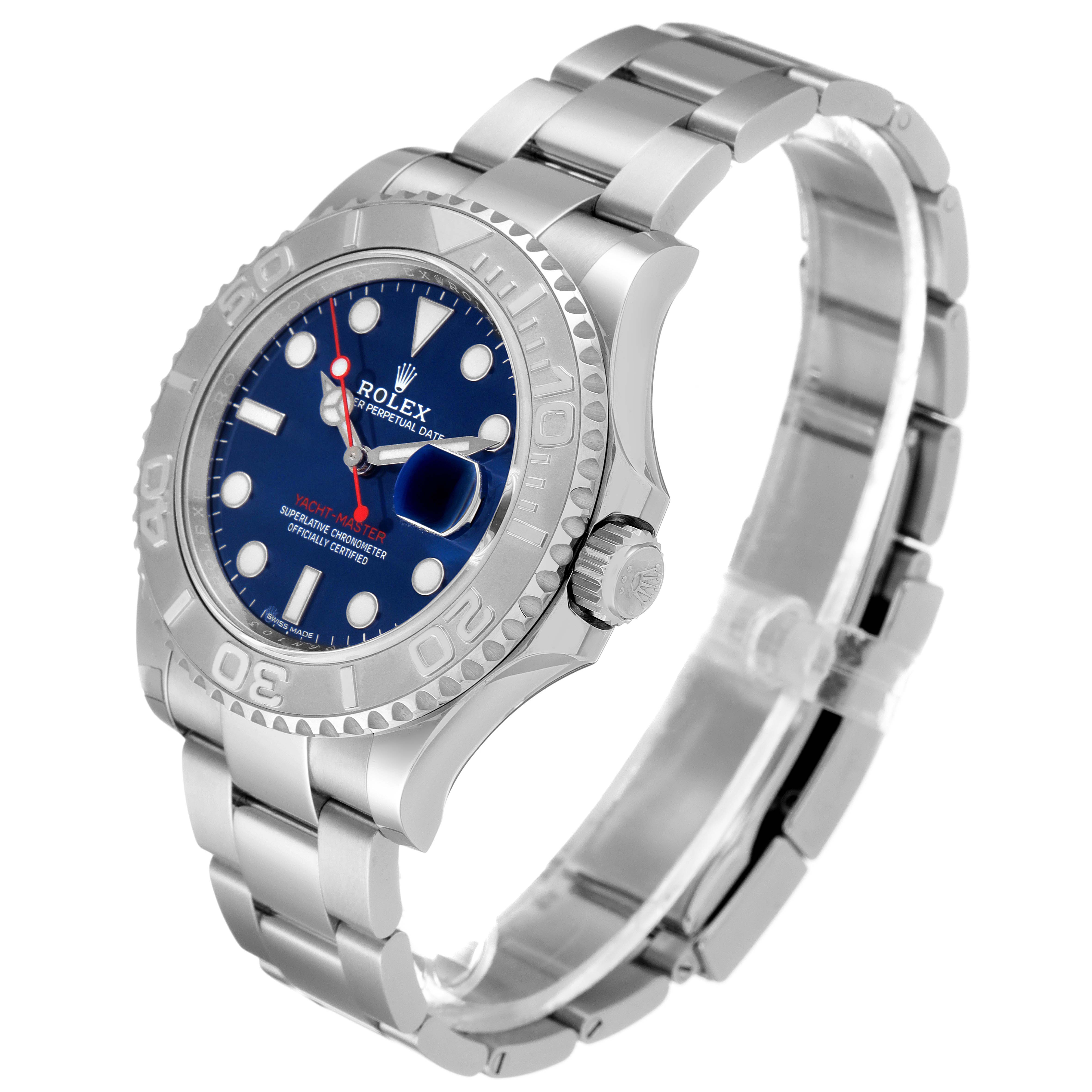 This image shows a Rolex Yacht-Master 116622 Men
s Stainless Steel Blue Dial 116622 Men
s Stainless Steel Blue Dial watch at an angled side view, highlighting its bezel, crown, and bracelet.