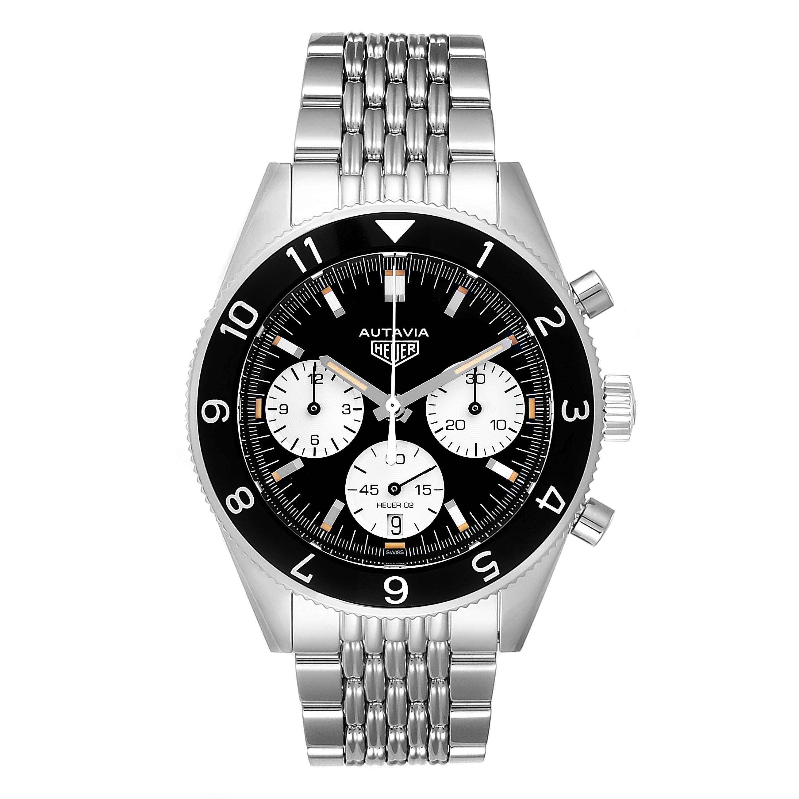 The image shows the front view of a Tag Heuer Autavia CBE2110.BA0687 Men's Stainless Steel Black Dial CBE2110.BA0687 Men's Stainless Steel Black Dial model watch with a metal bracelet and chronograph features.