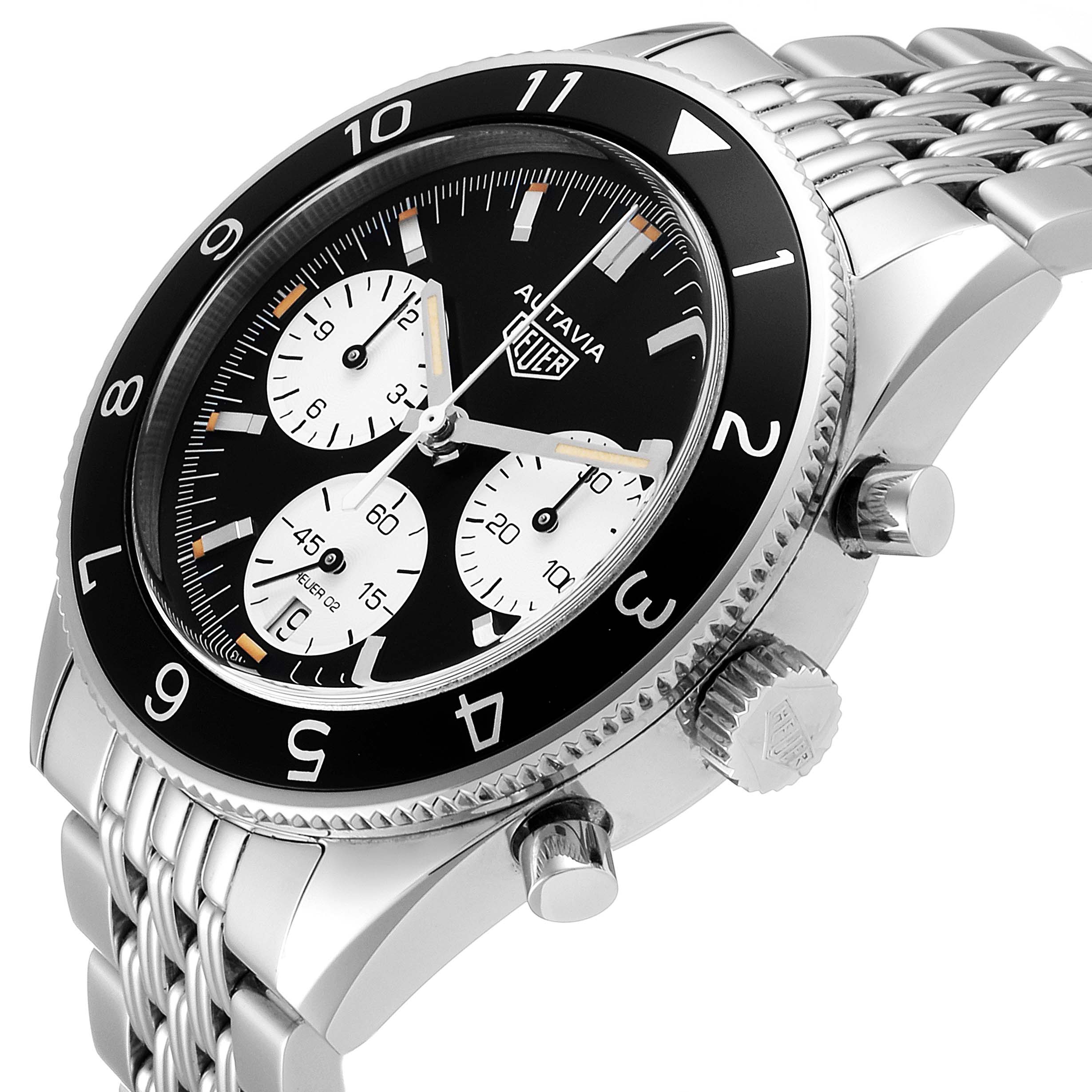 The image shows a Tag Heuer Autavia CBE2110.BA0687 Men's Stainless Steel Black Dial CBE2110.BA0687 Men's Stainless Steel Black Dial watch from a side angle, featuring its bezel, face, and bracelet.