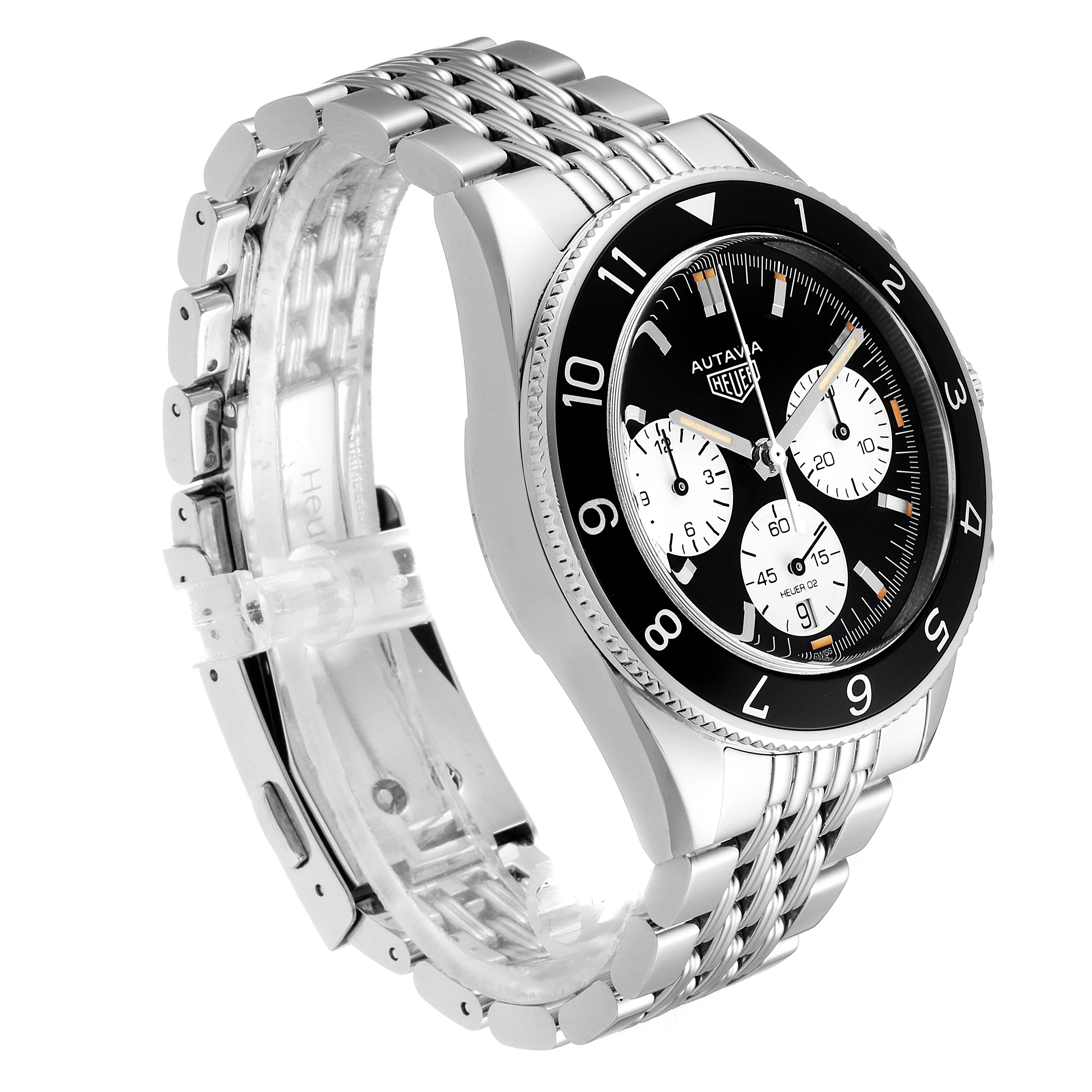 This Tag Heuer Autavia CBE2110.BA0687 Men's Stainless Steel Black Dial CBE2110.BA0687 Men's Stainless Steel Black Dial watch is shown at an angle highlighting the band, bezel, and dial.