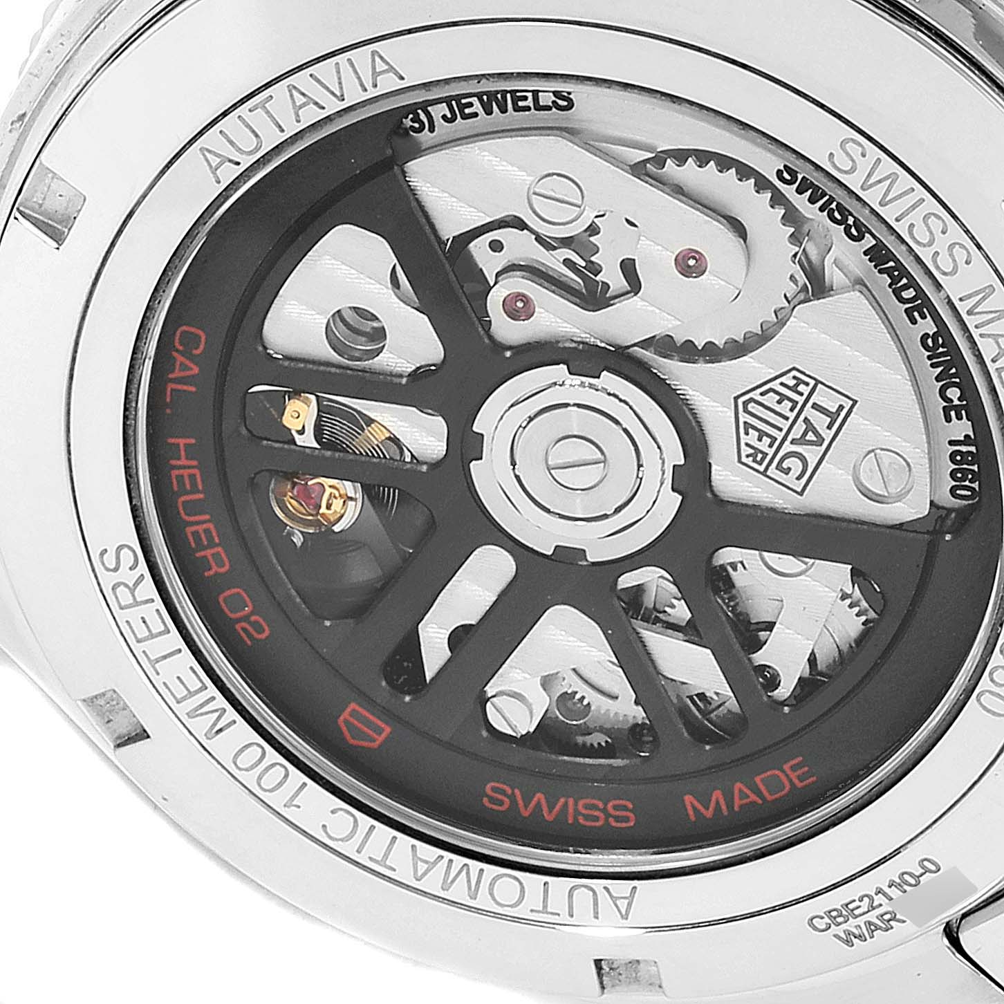The image shows the reverse side of the Tag Heuer Autavia CBE2110.BA0687 Men's Stainless Steel Black Dial CBE2110.BA0687 Men's Stainless Steel Black Dial watch, highlighting its movement components and "Cal Heuer 02" branding.