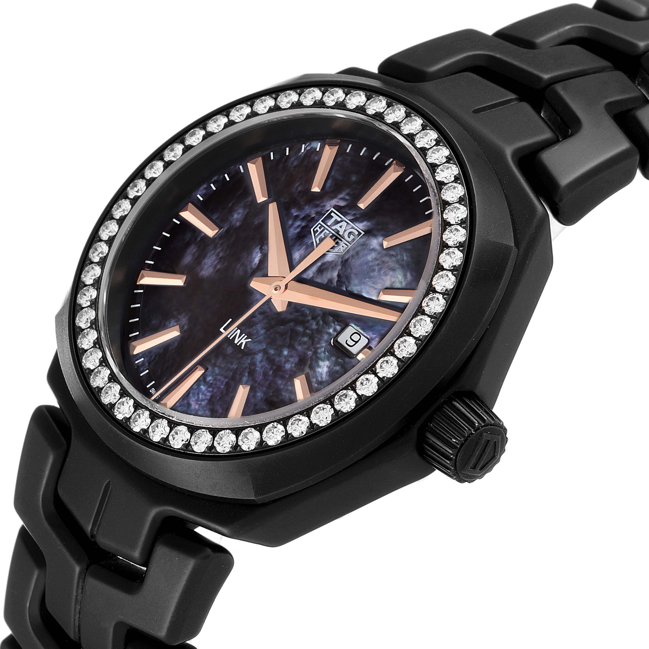 The image shows a Tag Heuer Link WBC1391.BH0745 Women's Ceramic Mother of Pearl Dial WBC1391.BH0745 Women's Ceramic Mother of Pearl Dial model watch at a slight angle, highlighting its face, bezel, and part of the bracelet.