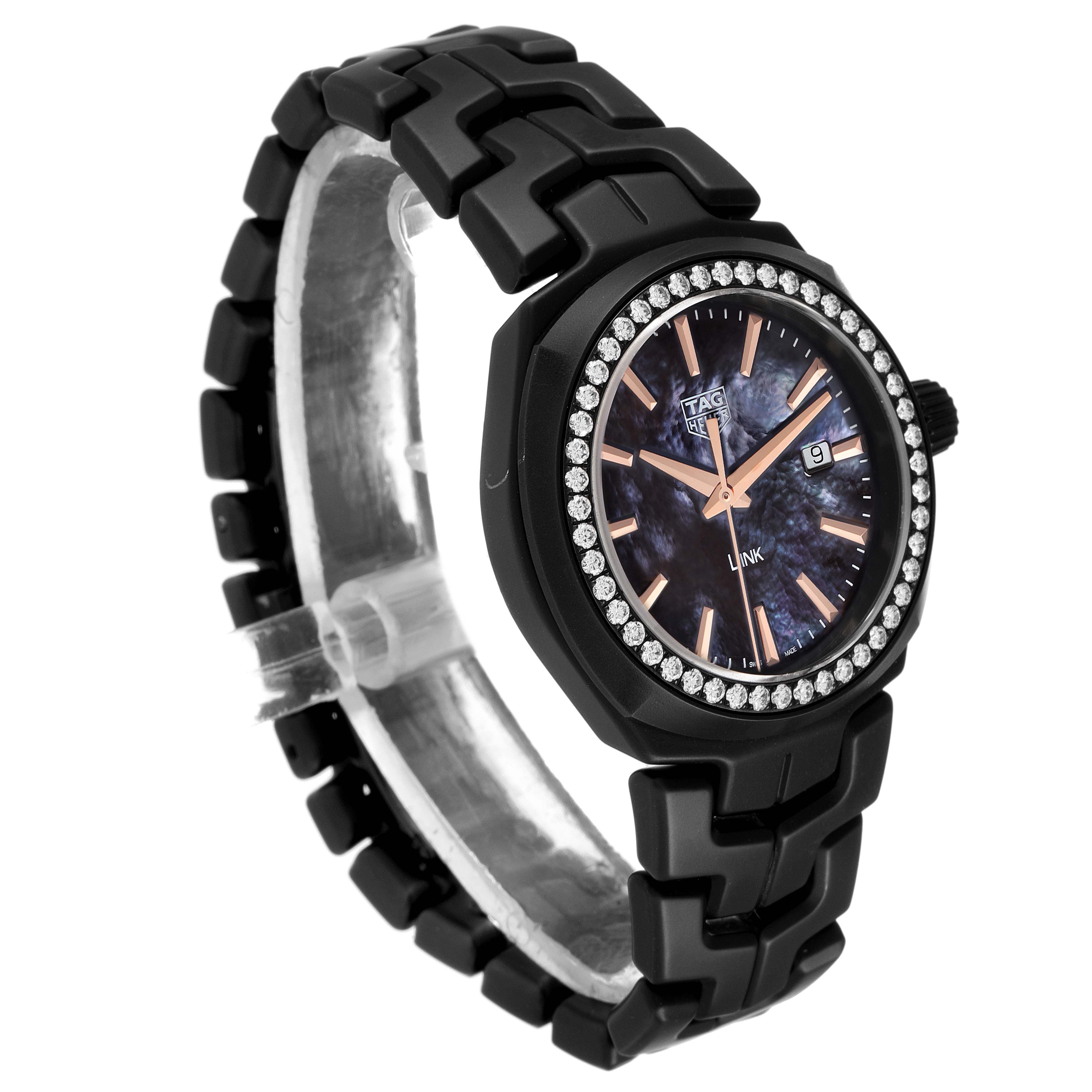 The image shows a Tag Heuer Link WBC1391.BH0745 Women's Ceramic Mother of Pearl Dial WBC1391.BH0745 Women's Ceramic Mother of Pearl Dial model watch at a three-quarter angle, highlighting its bezel, dial, and bracelet.