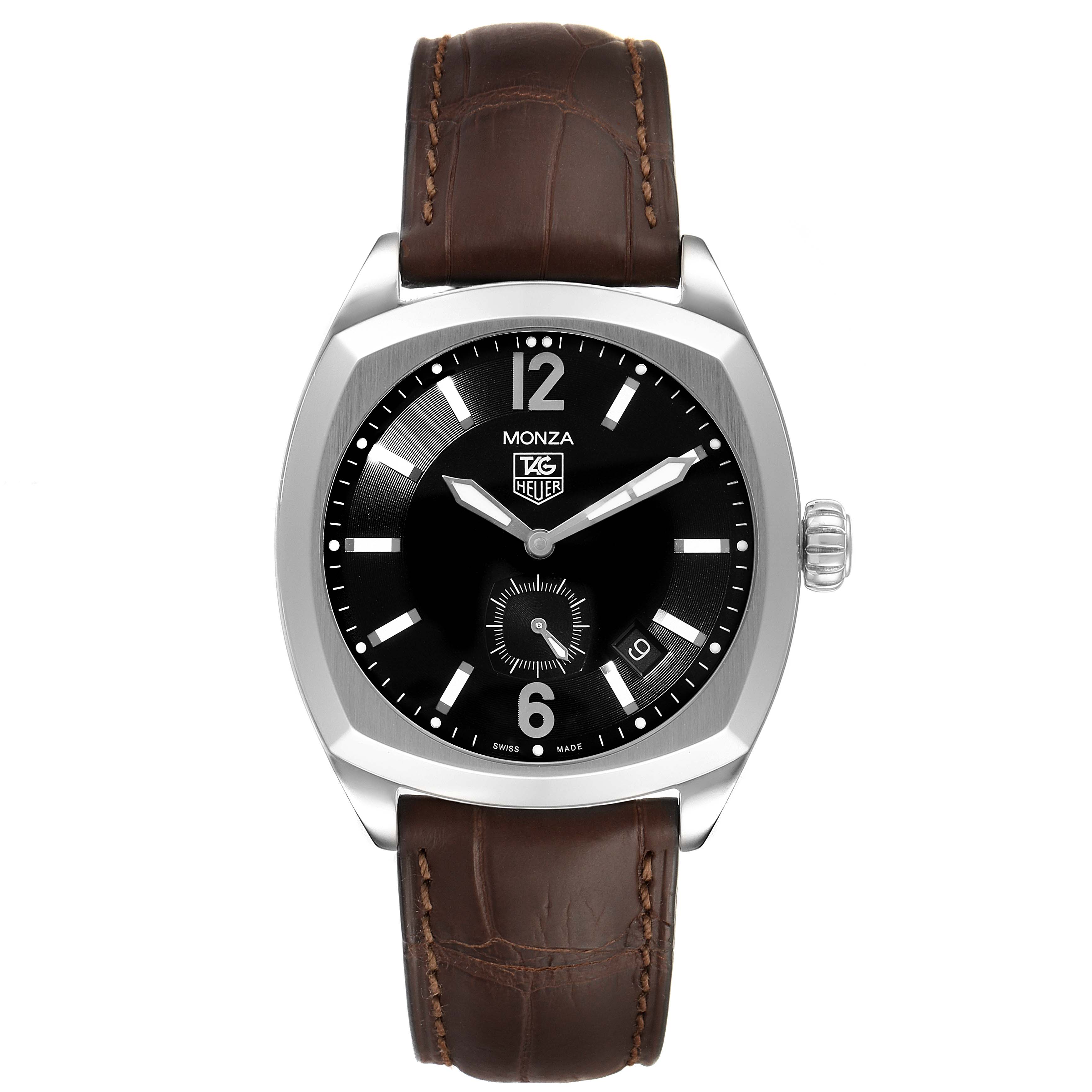This Tag Heuer Monza WR2110.FC6164 Men
s Stainless Steel Black Dial WR2110.FC6164 Men
s Stainless Steel Black Dial watch is shown from the front, highlighting its dial, hands, case, crown, and brown leather strap.