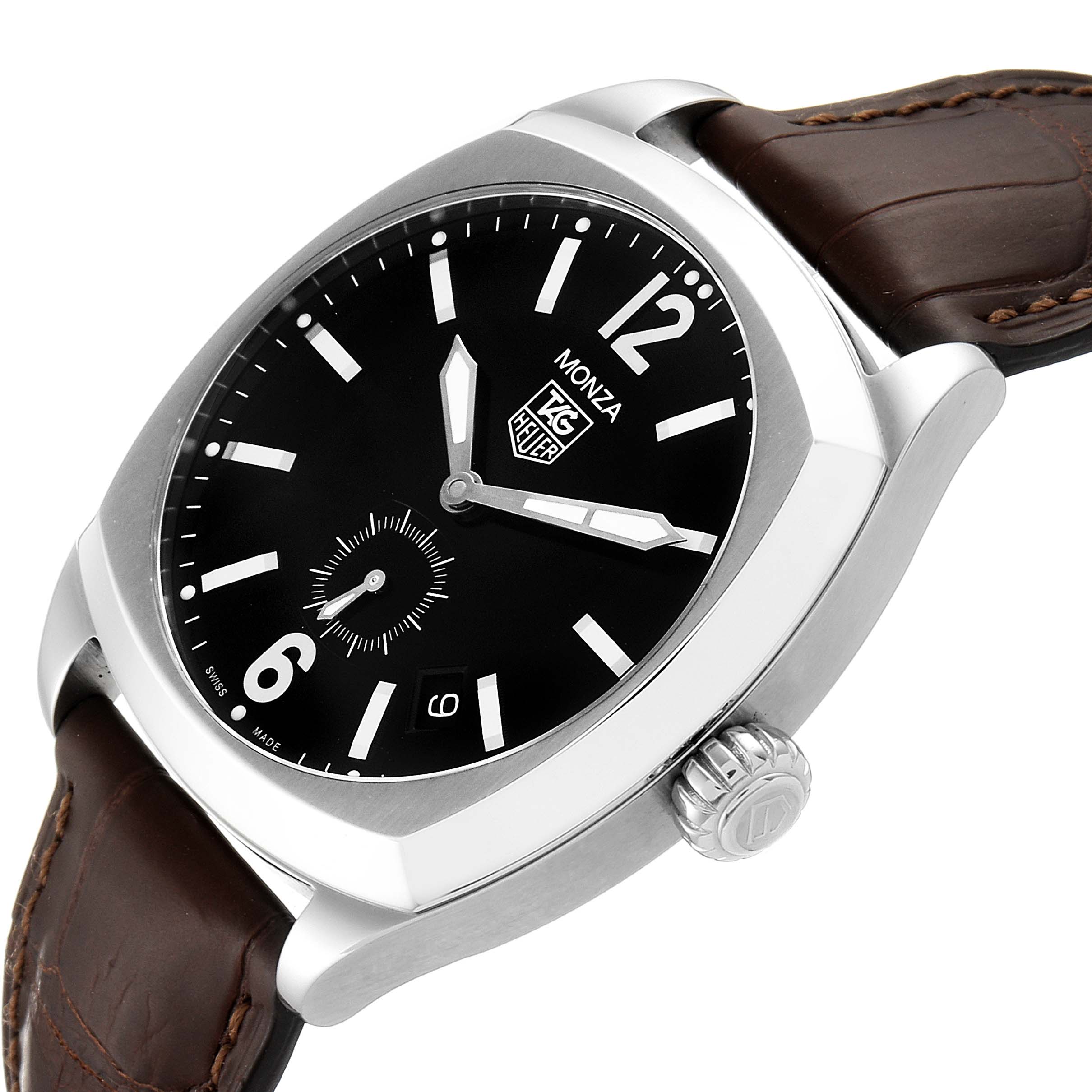 This image shows a Tag Heuer Monza WR2110.FC6164 Men
s Stainless Steel Black Dial WR2110.FC6164 Men
s Stainless Steel Black Dial watch from a three-quarter angle, highlighting the dial, crown, and part of the leather strap.