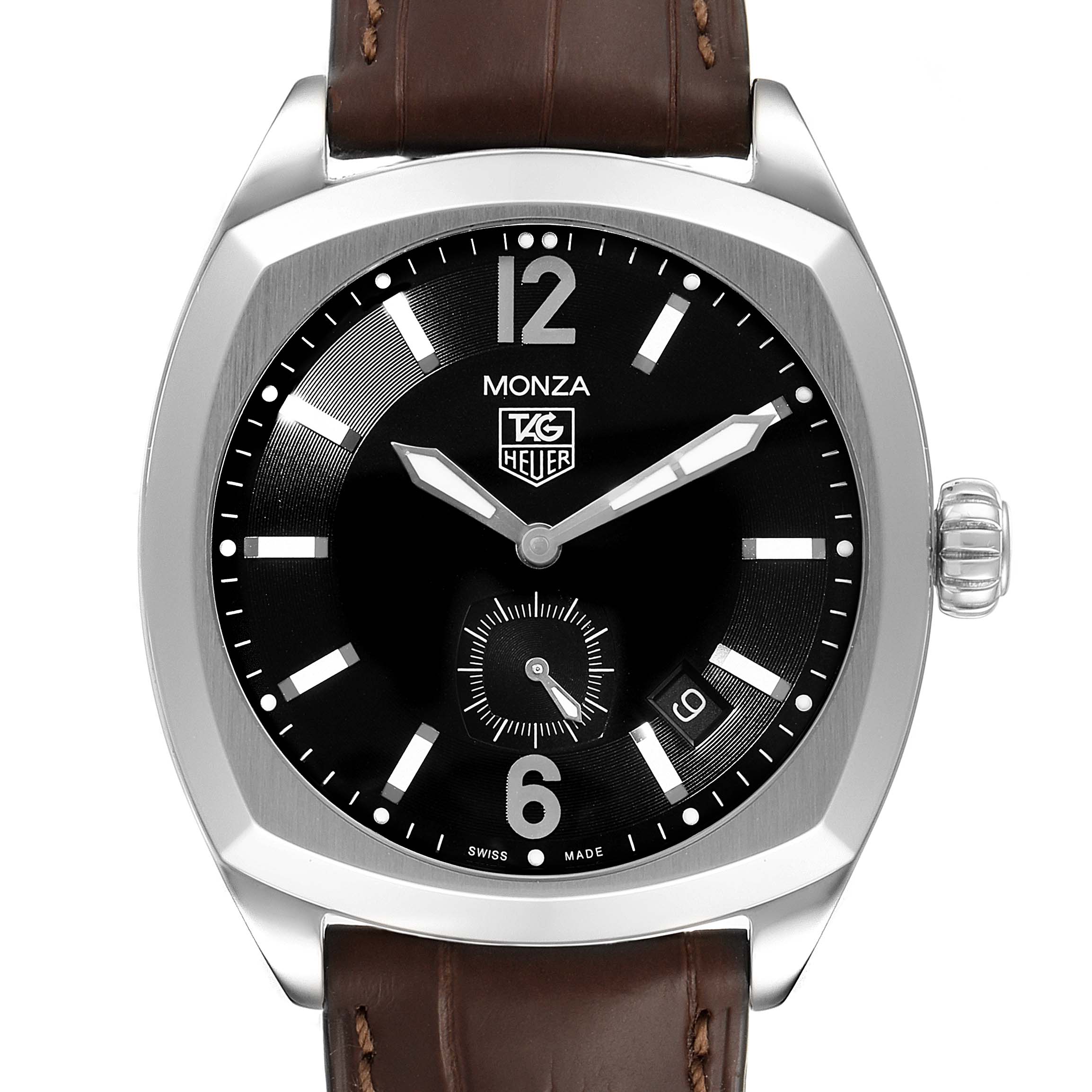 This Tag Heuer Monza WR2110.FC6164 Men
s Stainless Steel Black Dial WR2110.FC6164 Men
s Stainless Steel Black Dial watch is shown from a frontal angle, highlighting its black dial, silver hands, and brown leather strap.