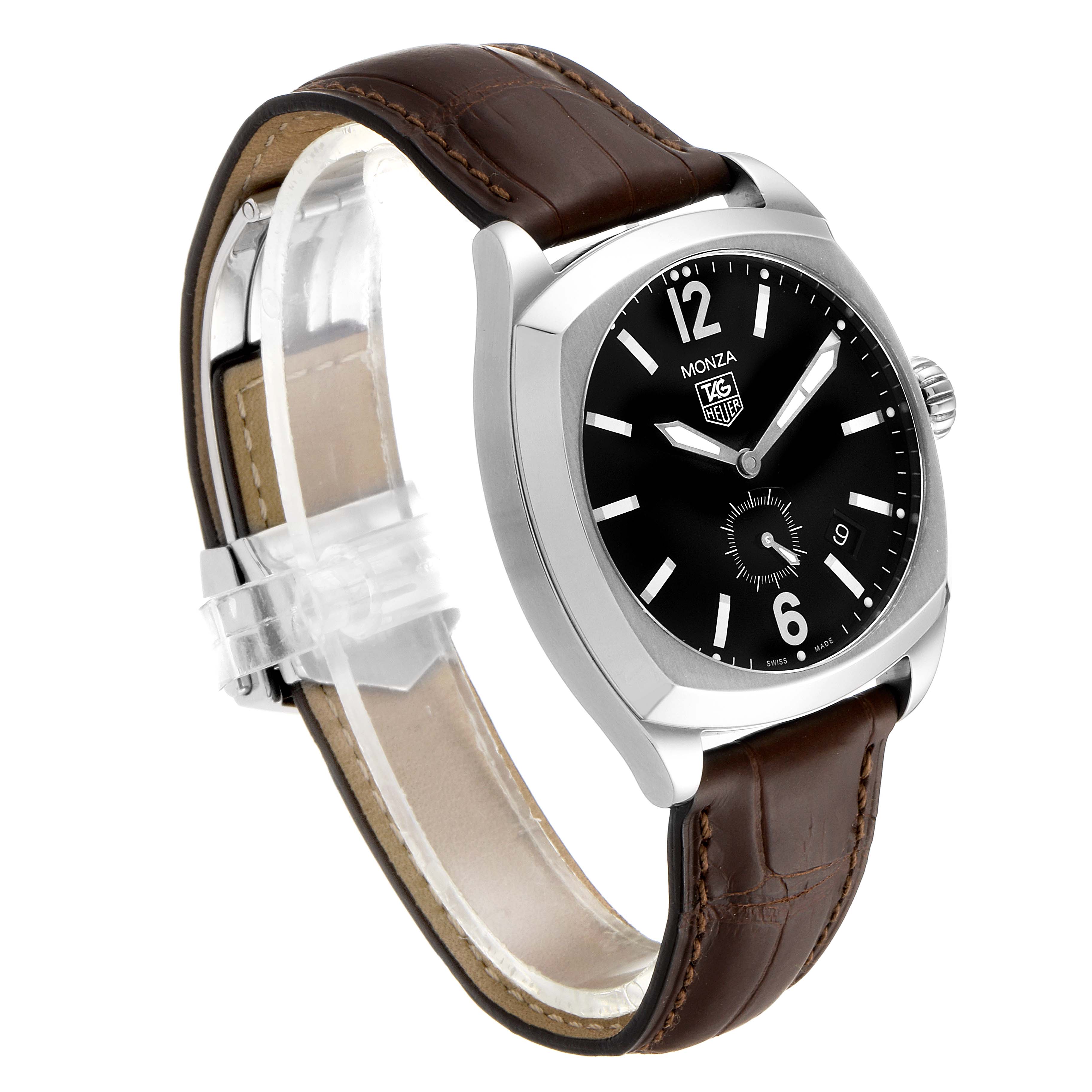 The Tag Heuer Monza WR2110.FC6164 Men
s Stainless Steel Black Dial WR2110.FC6164 Men
s Stainless Steel Black Dial watch is shown from an oblique front angle, displaying its black dial, brown leather strap, and stainless steel case.