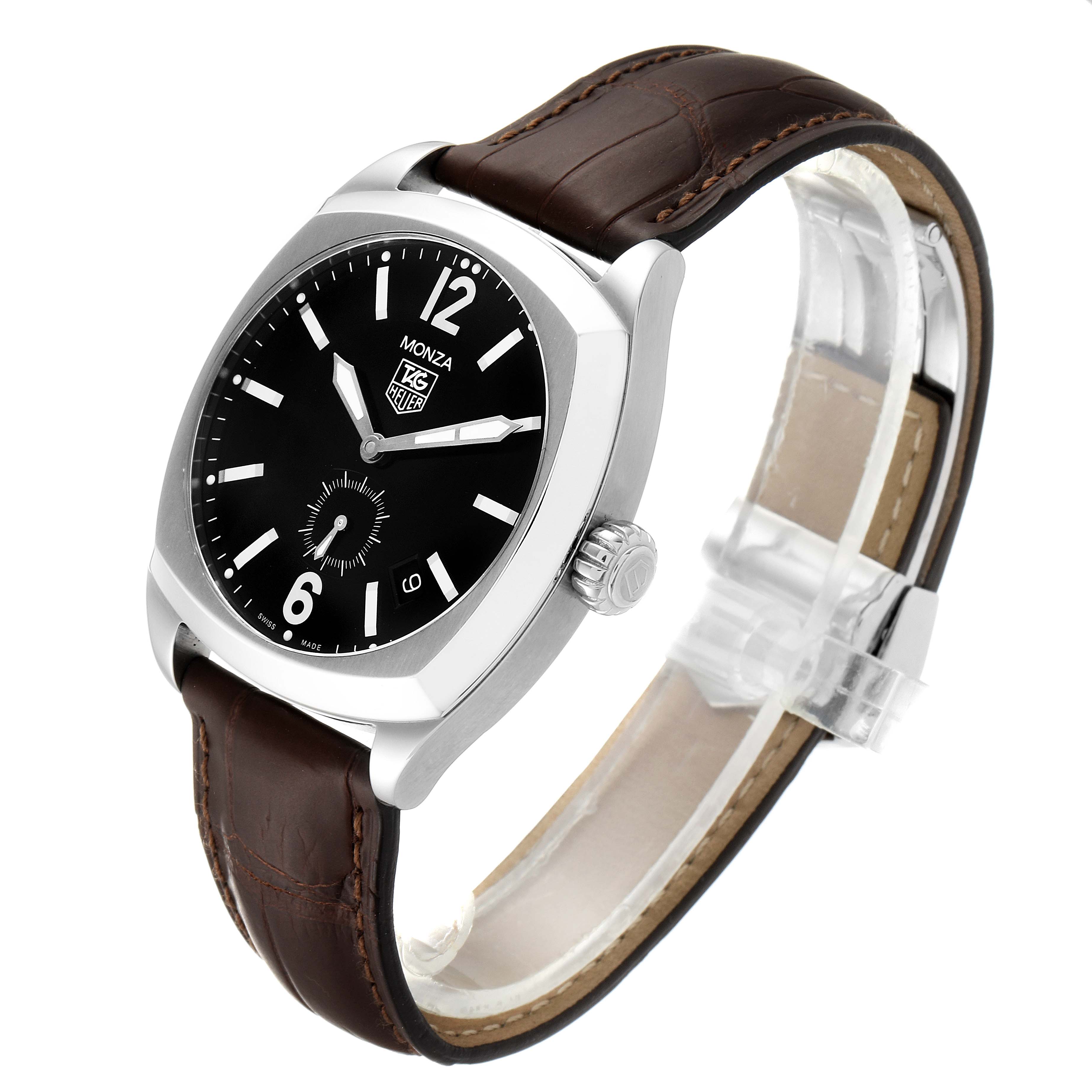 The image shows a Tag Heuer Monza WR2110.FC6164 Men
s Stainless Steel Black Dial WR2110.FC6164 Men
s Stainless Steel Black Dial watch at a three-quarter angle, highlighting the dial, casing, and leather strap.