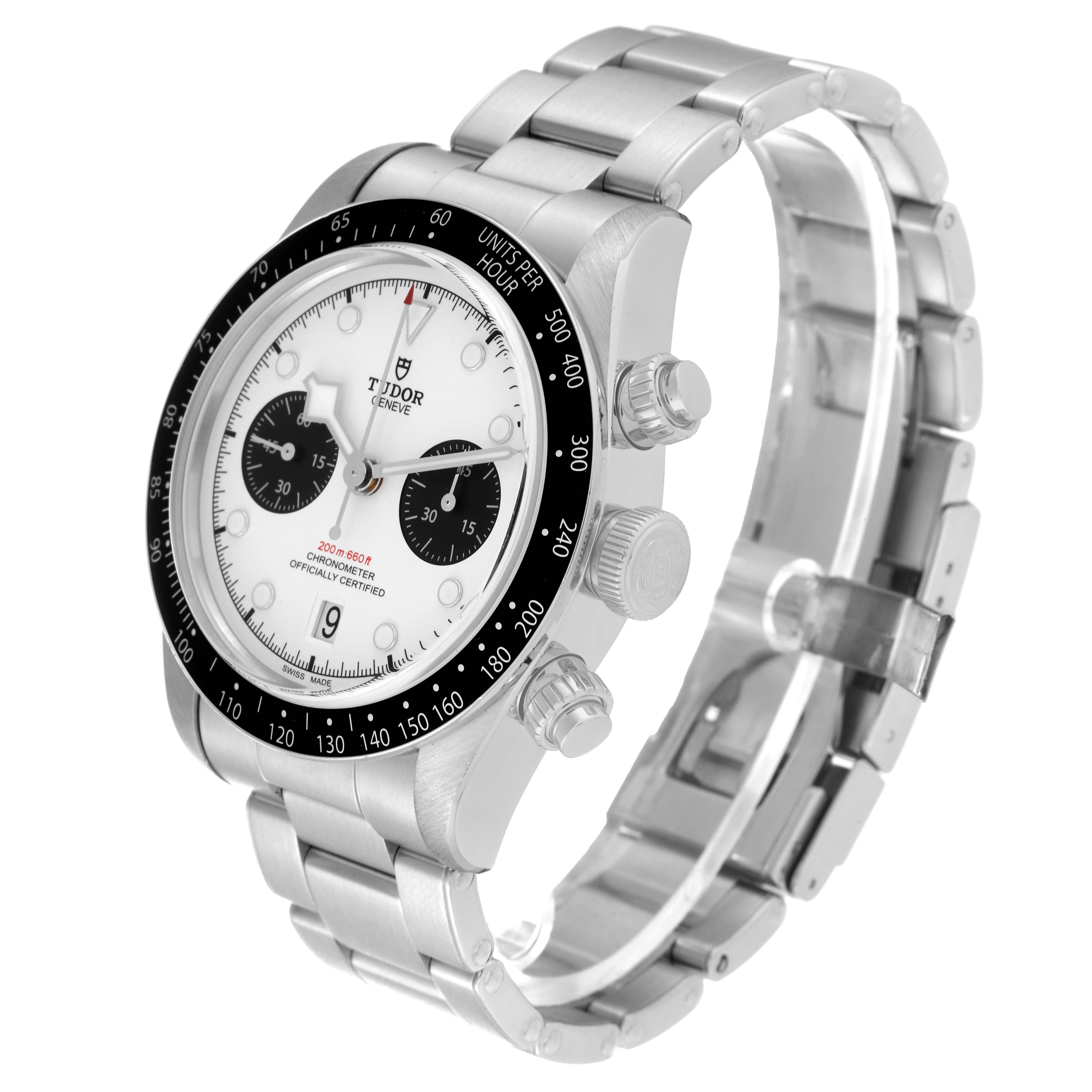 The Tudor Heritage Black Bay M79360N-0002 Men's Stainless Steel White Dial M79360N-0002 Men's Stainless Steel White Dial watch is shown at a three-quarter angle, displaying the face, bezel, and bracelet prominently.