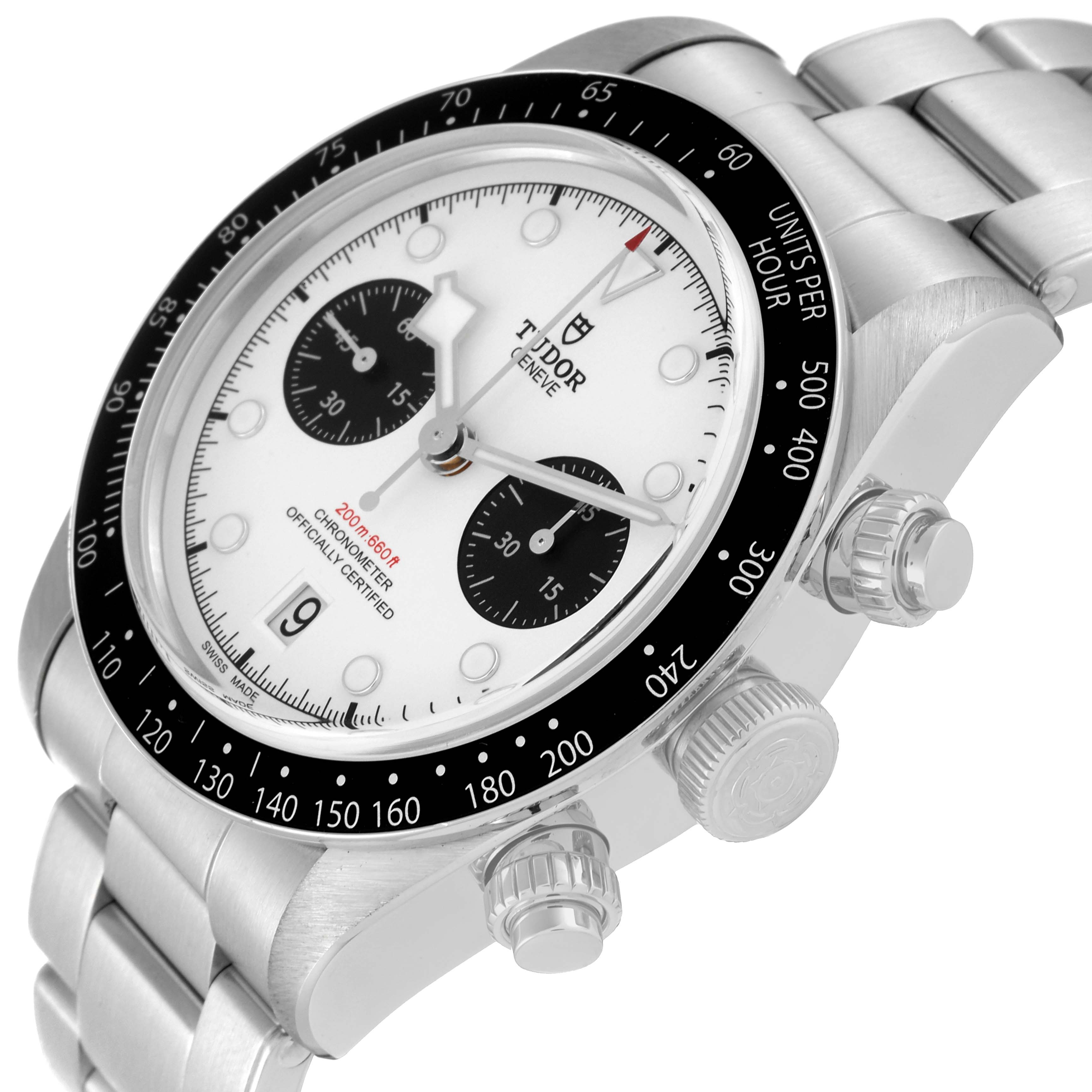 The image shows a close-up angle of the Tudor Heritage Black Bay M79360N-0002 Men's Stainless Steel White Dial M79360N-0002 Men's Stainless Steel White Dial watch, showcasing its dial, bezel, and side pushers.