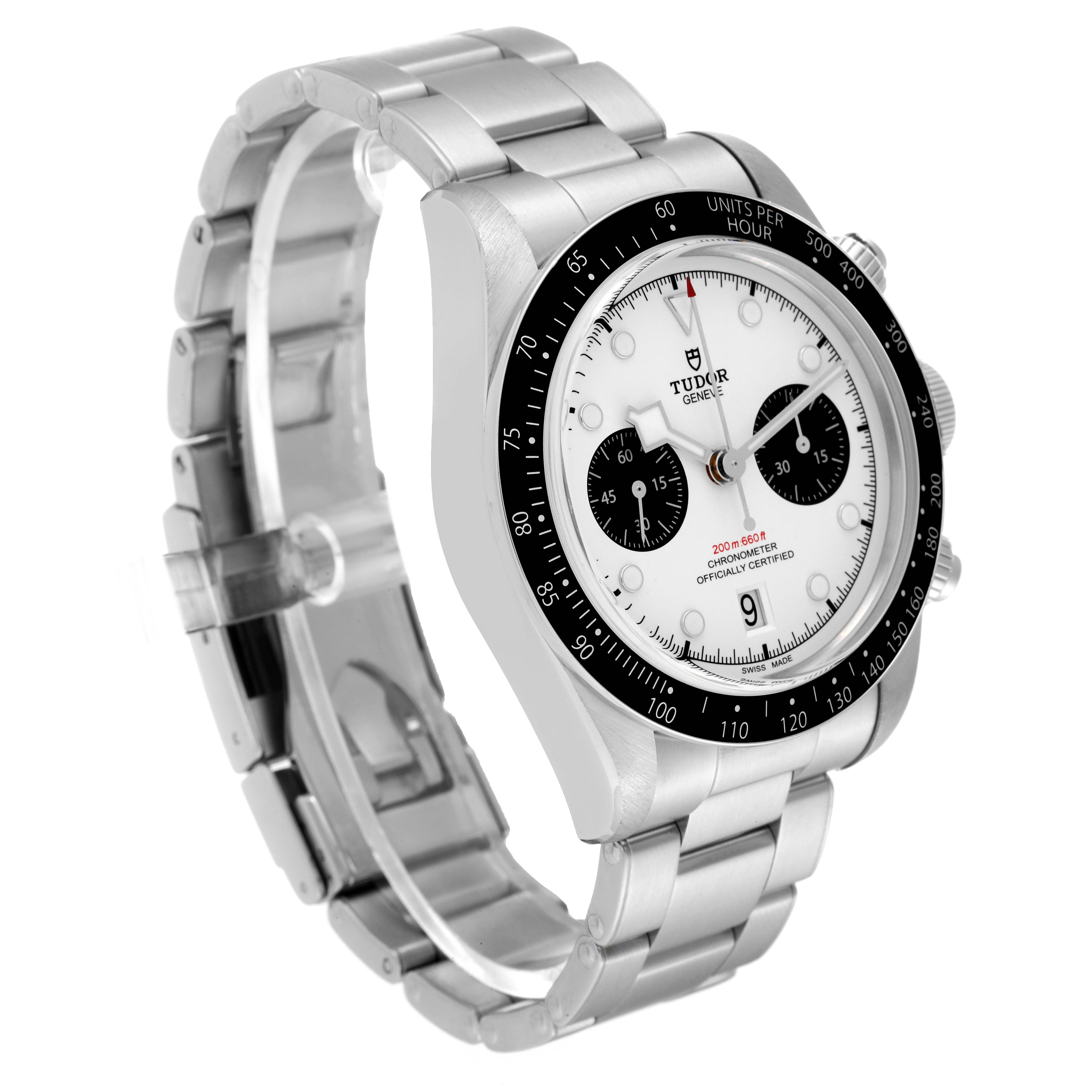 The image shows a three-quarter angle of the Tudor Heritage Black Bay M79360N-0002 Men's Stainless Steel White Dial M79360N-0002 Men's Stainless Steel White Dial watch, highlighting the face, bezel, and bracelet.